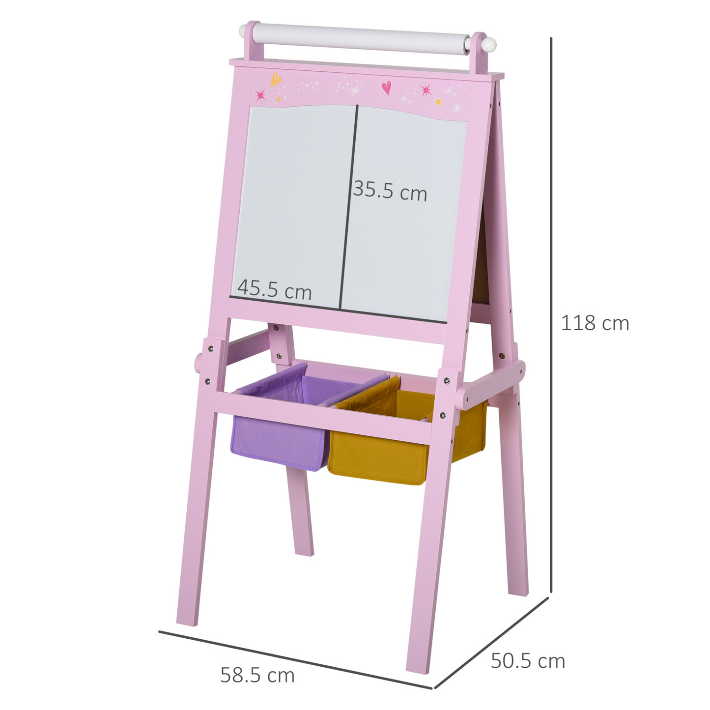 HOMCOM 3-in-1 Kids Wooden Art Easel with Paper Roll, Double-Sided Chalkboard & Whiteboard, Storage Baskets, Pink - BEYRUN