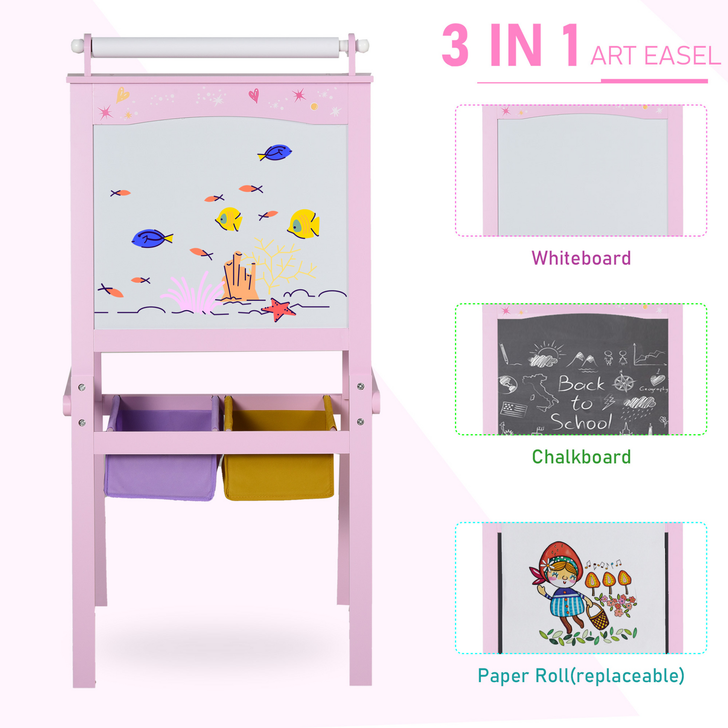 HOMCOM 3-in-1 Kids Wooden Art Easel with Paper Roll, Double-Sided Chalkboard & Whiteboard, Storage Baskets, Pink - BEYRUN