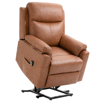 HOMCOM Electric Power Lift Recliner Chair for Elderly, Faux Leather Armchair with Remote Control and Side Pocket, Brown - BEYRUN