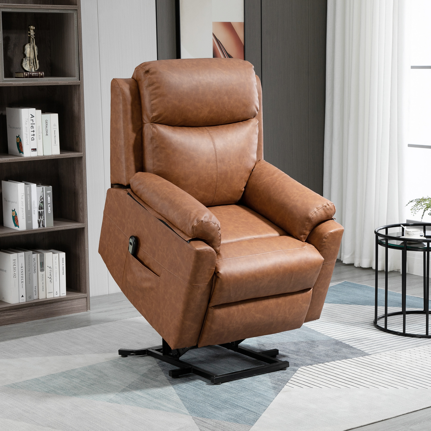 HOMCOM Electric Power Lift Recliner Chair for Elderly, Faux Leather Armchair with Remote Control and Side Pocket, Brown - BEYRUN