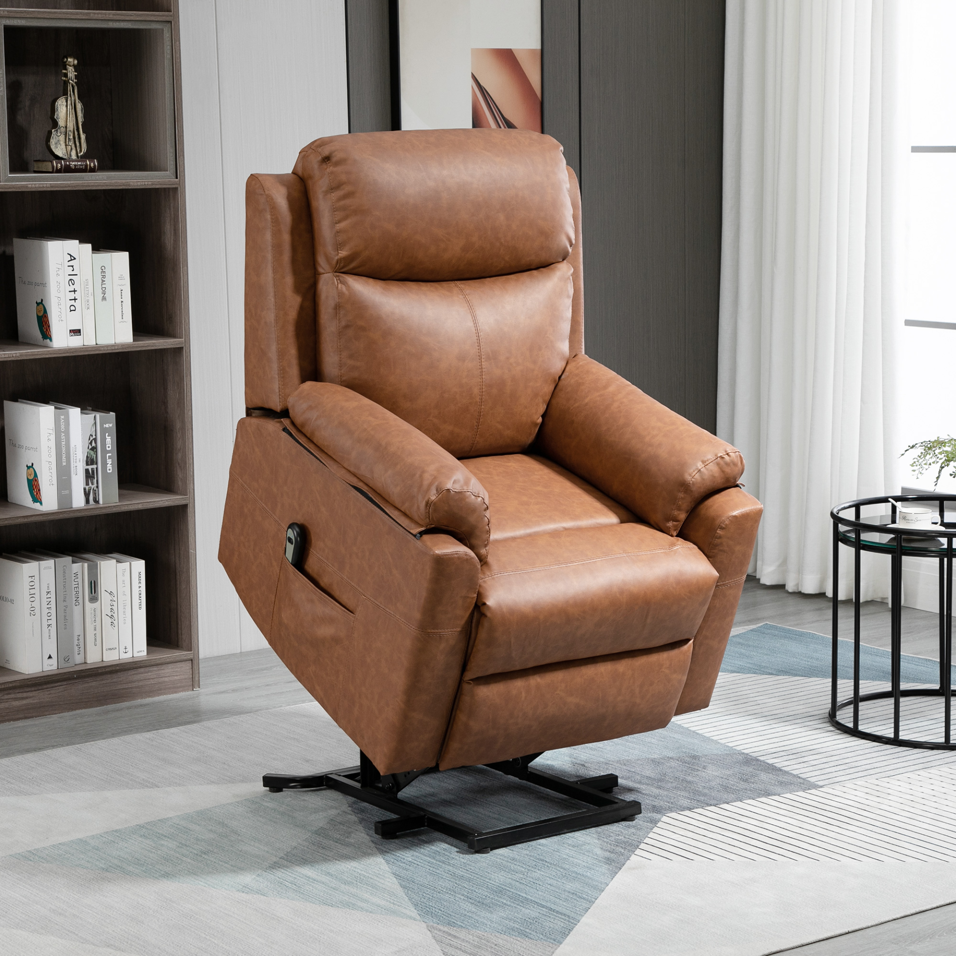 HOMCOM Electric Power Lift Recliner Chair for Elderly, Faux Leather Armchair with Remote Control and Side Pocket, Brown - BEYRUN