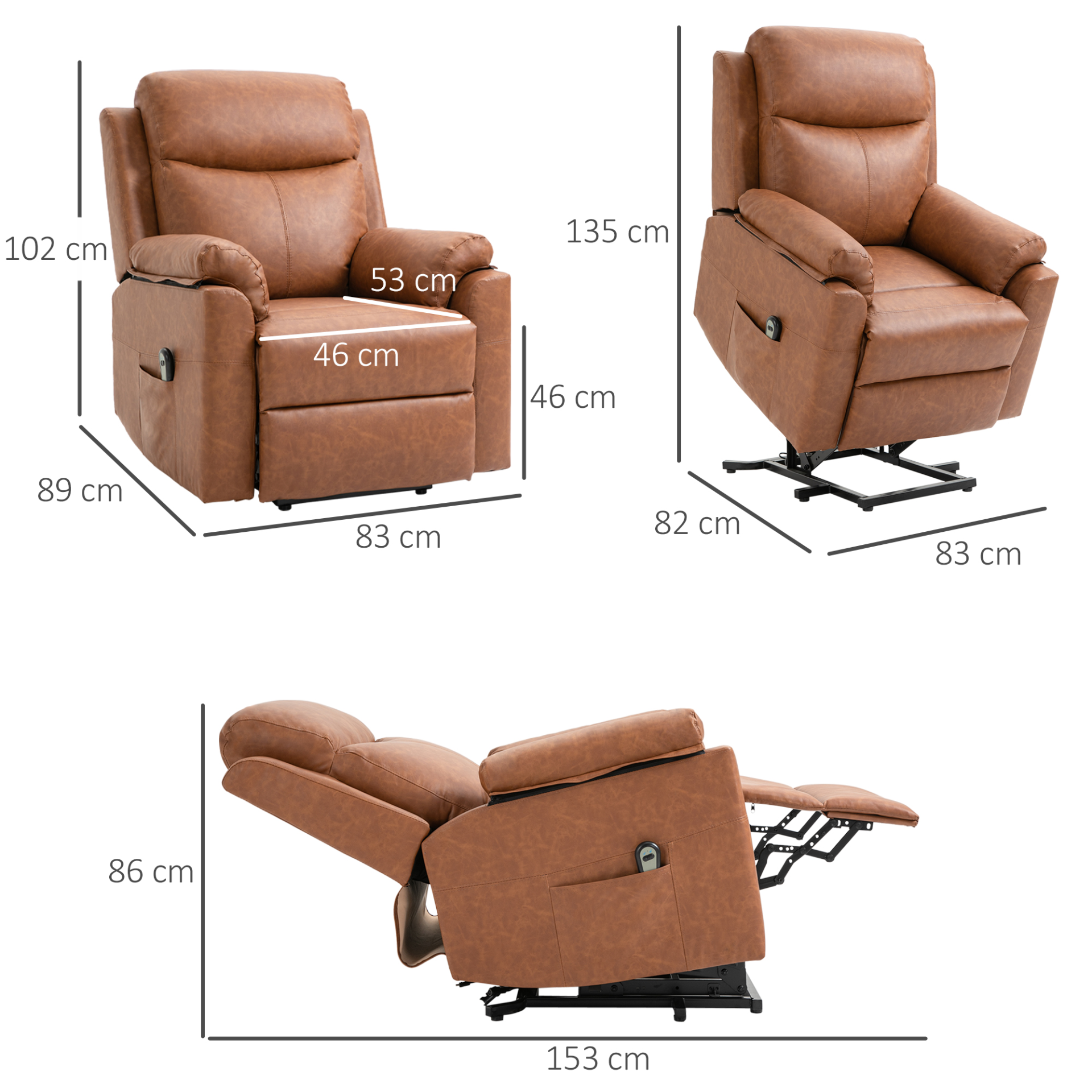 HOMCOM Electric Power Lift Recliner Chair for Elderly, Faux Leather Armchair with Remote Control and Side Pocket, Brown - BEYRUN