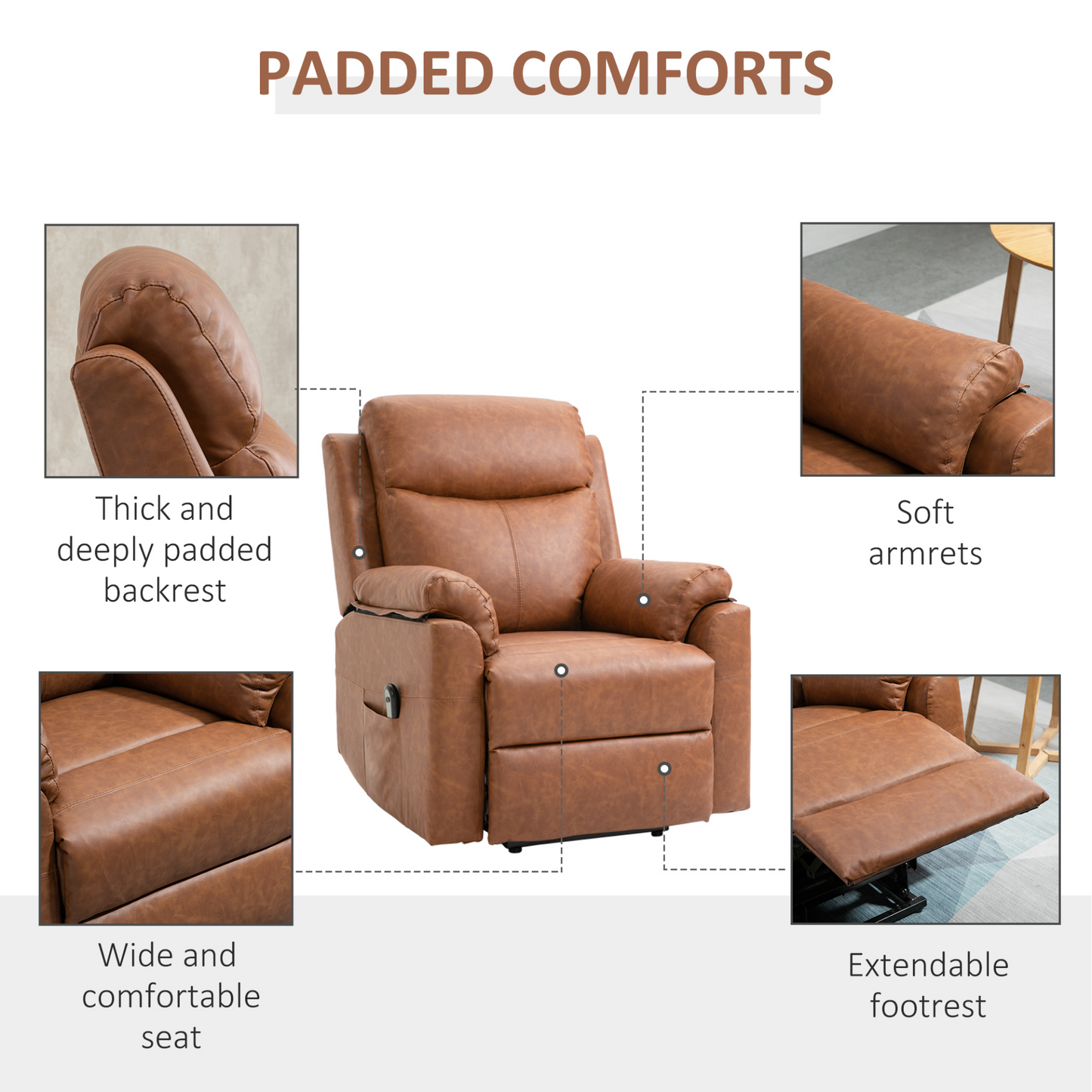 HOMCOM Electric Power Lift Recliner Chair for Elderly, Faux Leather Armchair with Remote Control and Side Pocket, Brown - BEYRUN