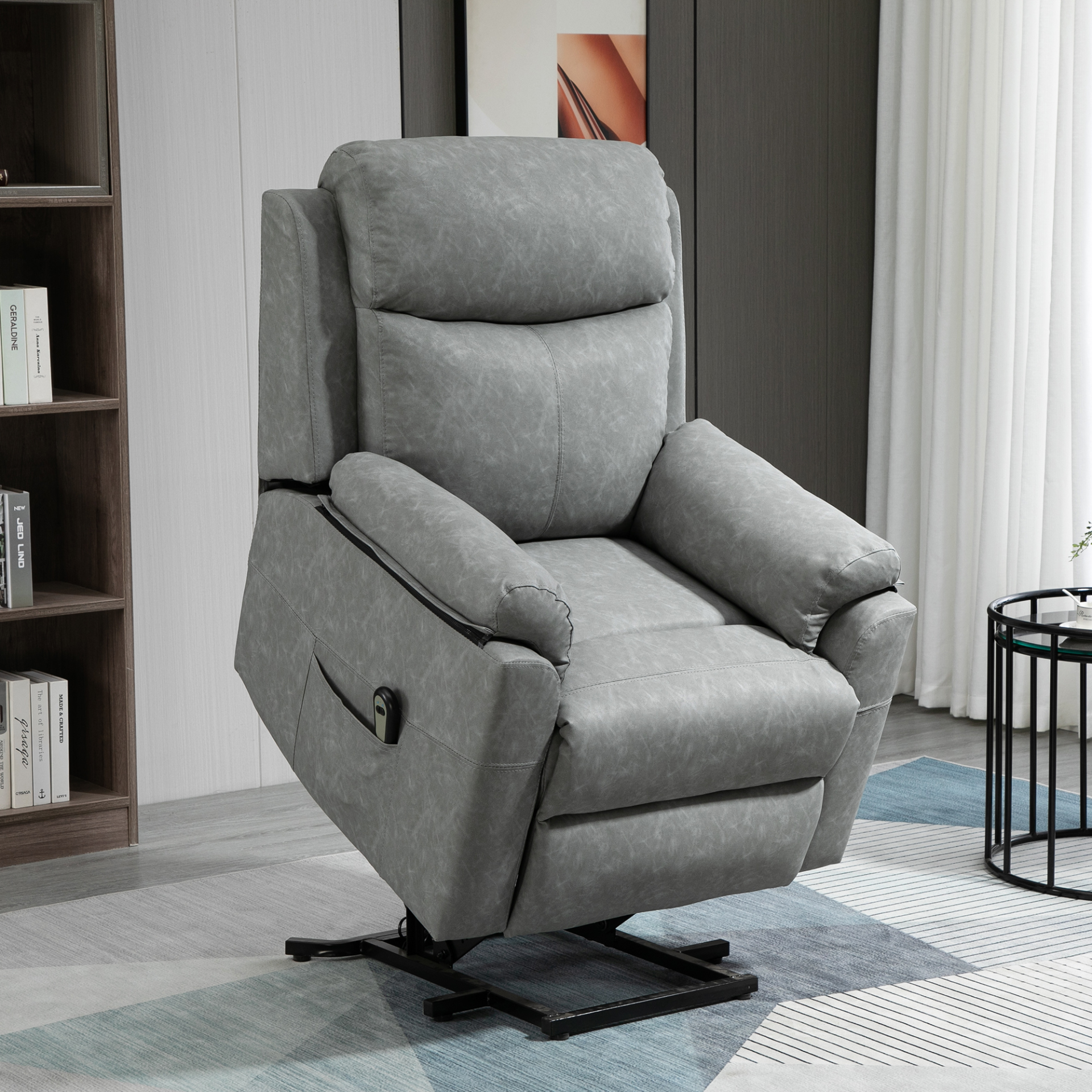 HOMCOM Electric Power Lift Recliner Chair - Faux Leather Armchair for Elderly with Remote Control, Side Pocket - Grey - BEYRUN