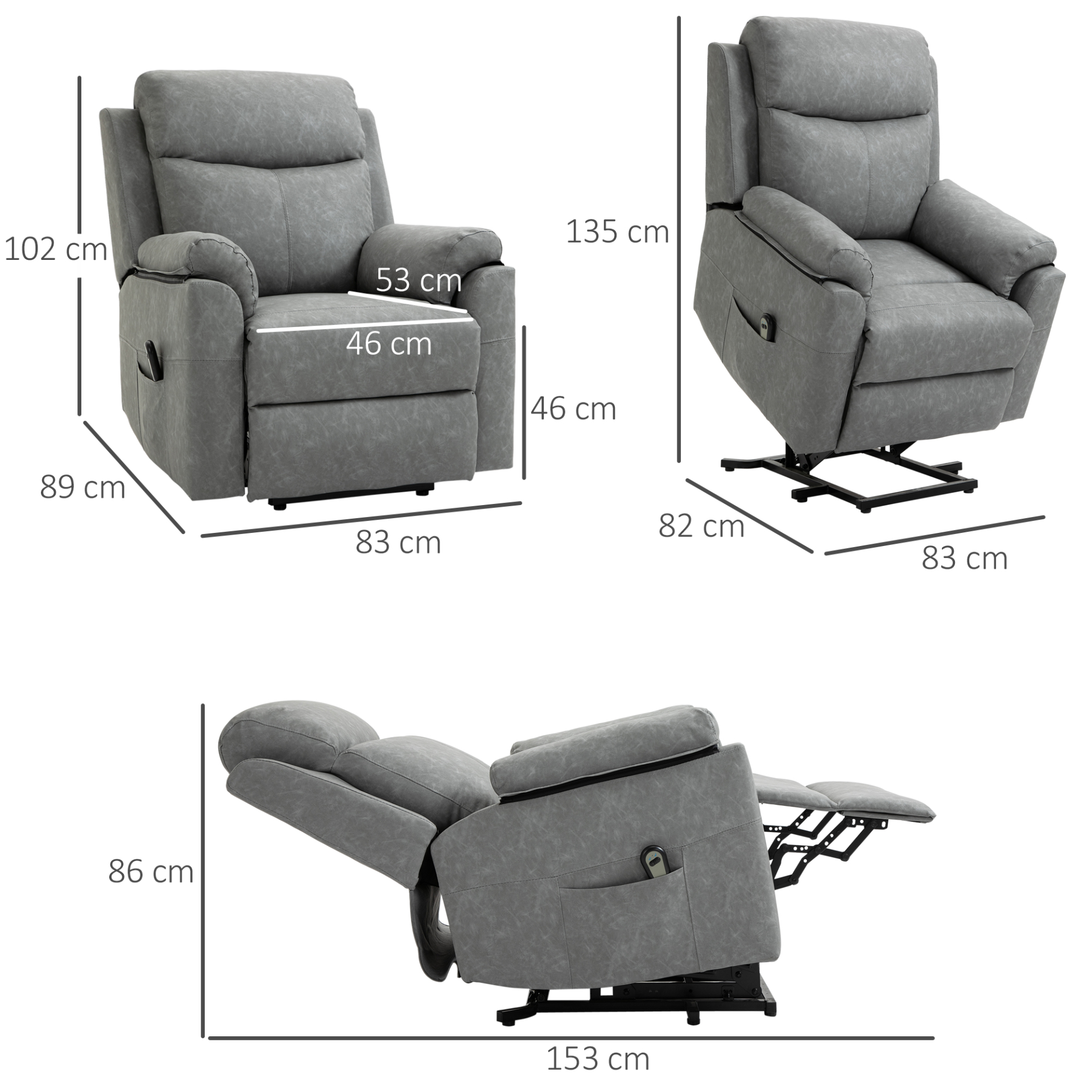 HOMCOM Electric Power Lift Recliner Chair - Faux Leather Armchair for Elderly with Remote Control, Side Pocket - Grey - BEYRUN