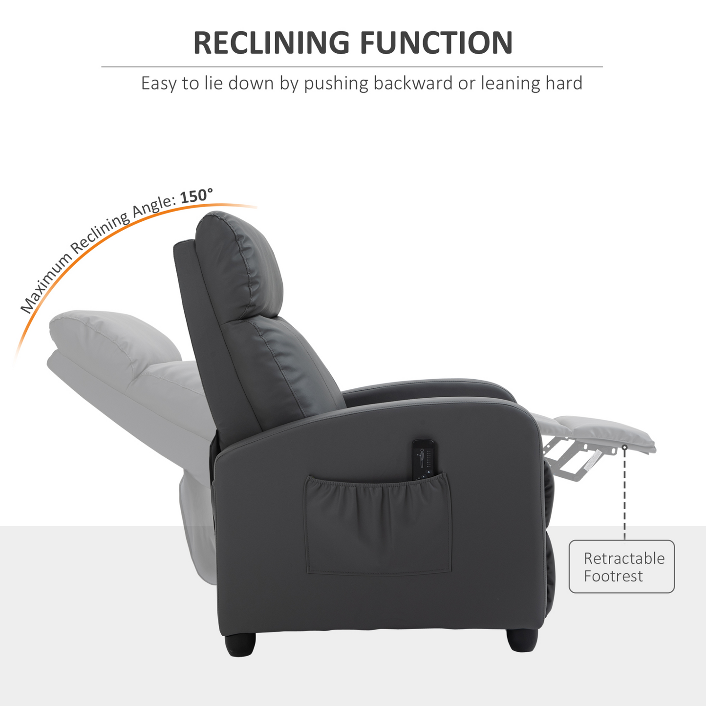 HOMCOM Recliner Sofa Massage Chair PU Leather with Footrest & Remote Control, Grey - Perfect for Living Room, Bedroom, Home Theater - BEYRUN