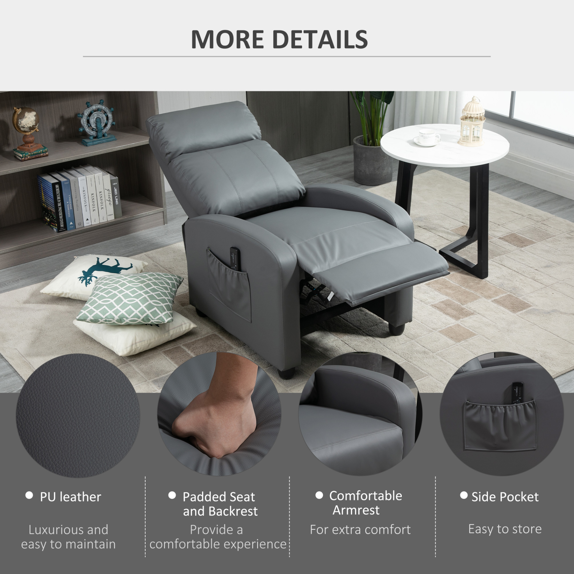 HOMCOM Recliner Sofa Massage Chair PU Leather with Footrest & Remote Control, Grey - Perfect for Living Room, Bedroom, Home Theater - BEYRUN