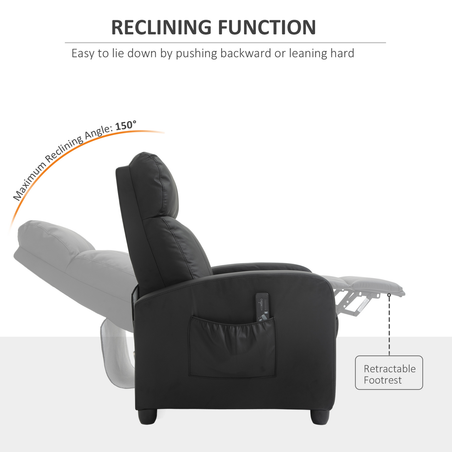 HOMCOM Recliner Sofa Massage Chair - PU Leather Armchair with Footrest & Remote Control for Living Room, Bedroom, Home Theater, Black - BEYRUN