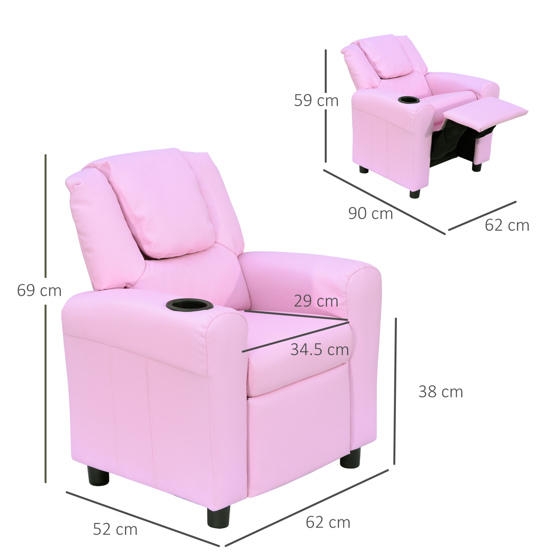 HOMCOM Kids Pink Recliner Armchair with Cup Holder - PU Leather Children's Lounger Sofa for Games & Relaxation - BEYRUN