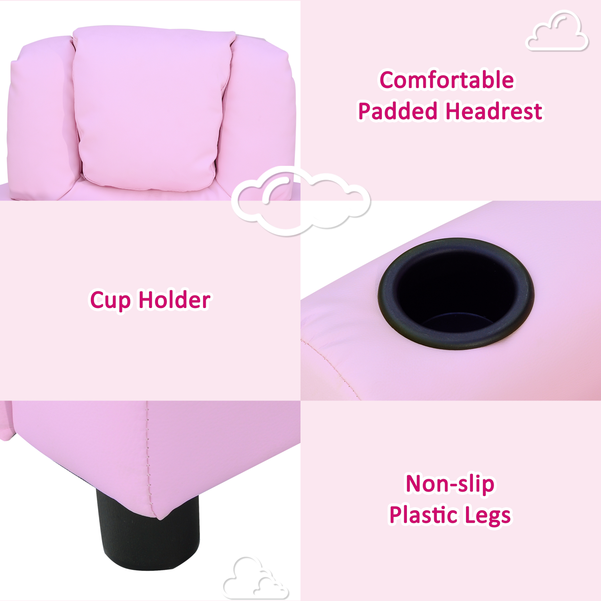 HOMCOM Kids Pink Recliner Armchair with Cup Holder - PU Leather Children's Lounger Sofa for Games & Relaxation - BEYRUN