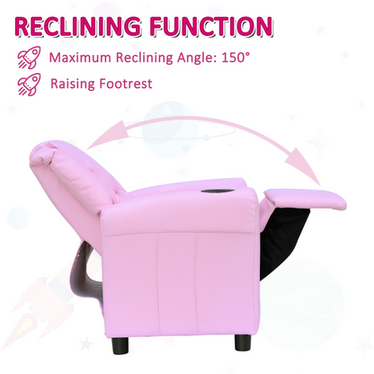 HOMCOM Kids Pink Recliner Armchair with Cup Holder - PU Leather Children's Lounger Sofa for Games & Relaxation - BEYRUN