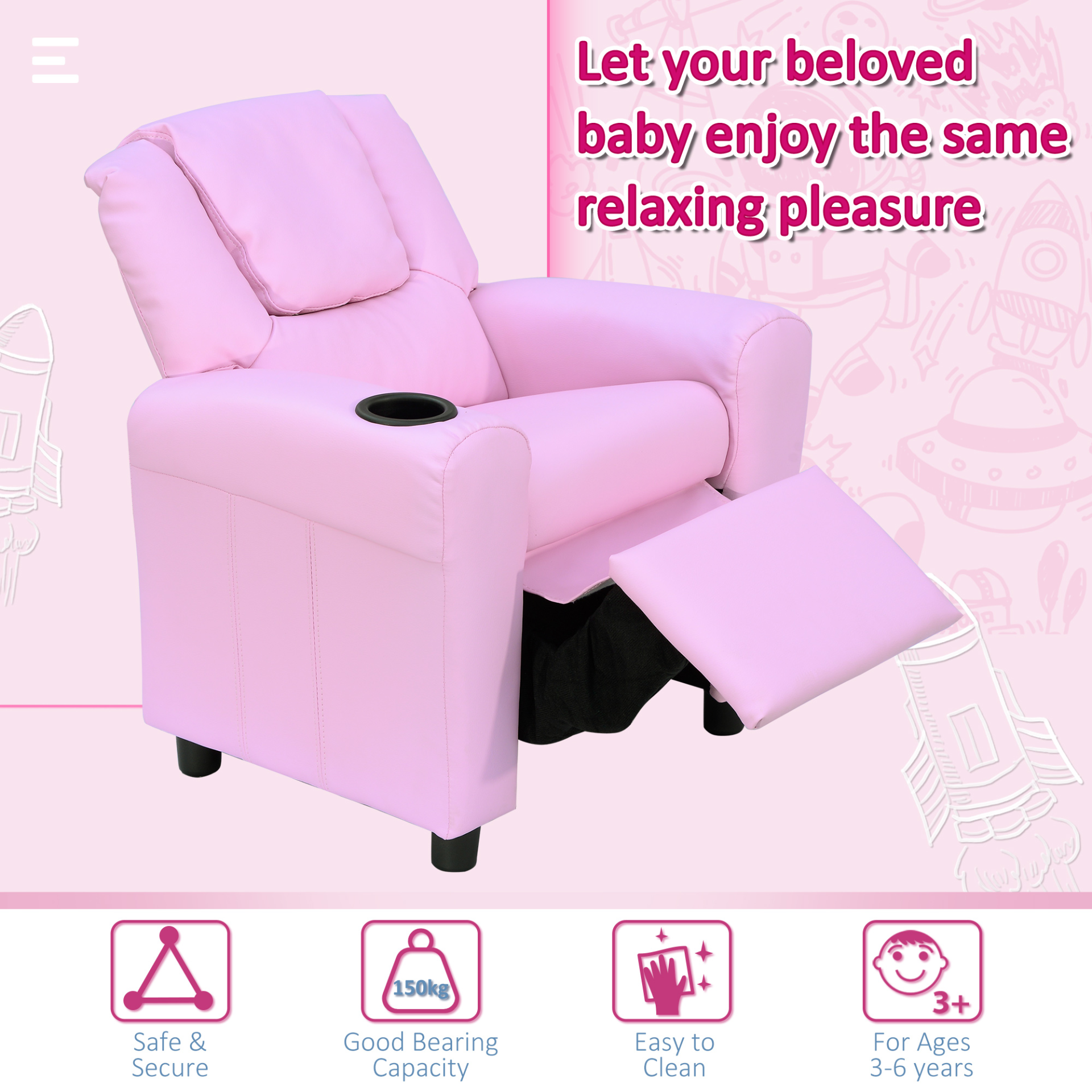 HOMCOM Kids Pink Recliner Armchair with Cup Holder - PU Leather Children's Lounger Sofa for Games & Relaxation - BEYRUN