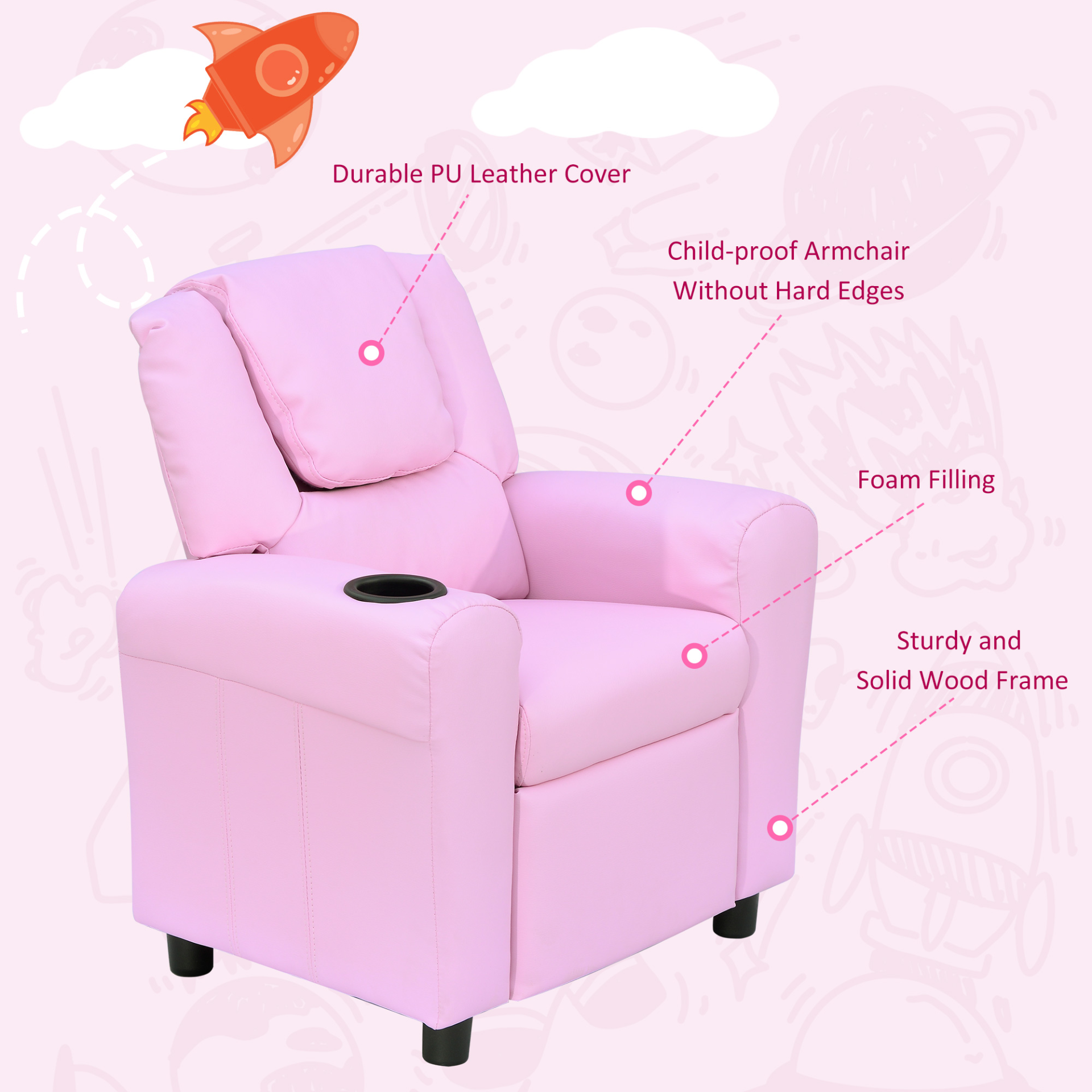 HOMCOM Kids Pink Recliner Armchair with Cup Holder - PU Leather Children's Lounger Sofa for Games & Relaxation - BEYRUN