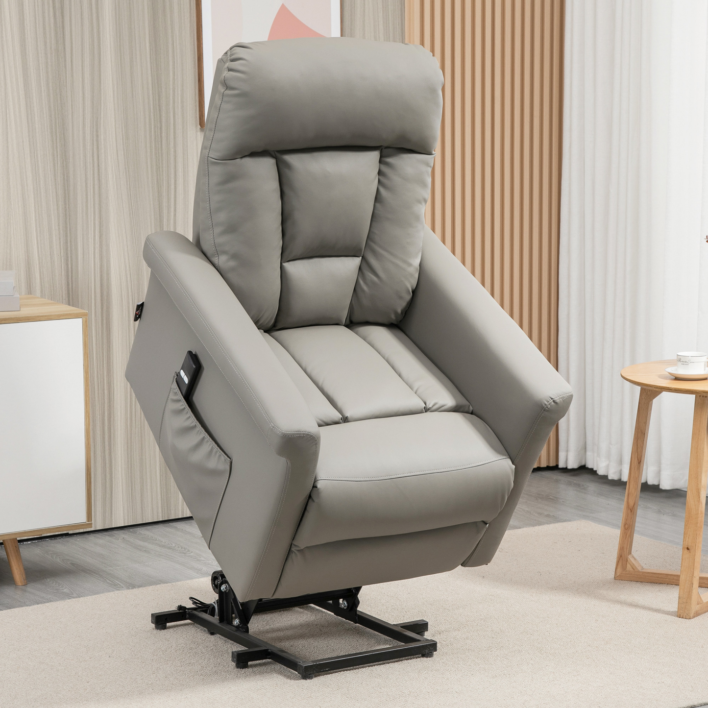 HOMCOM Power Lift Chair - Grey PU Leather Recliner Sofa for Elderly with Remote Control and Side Pocket - BEYRUN