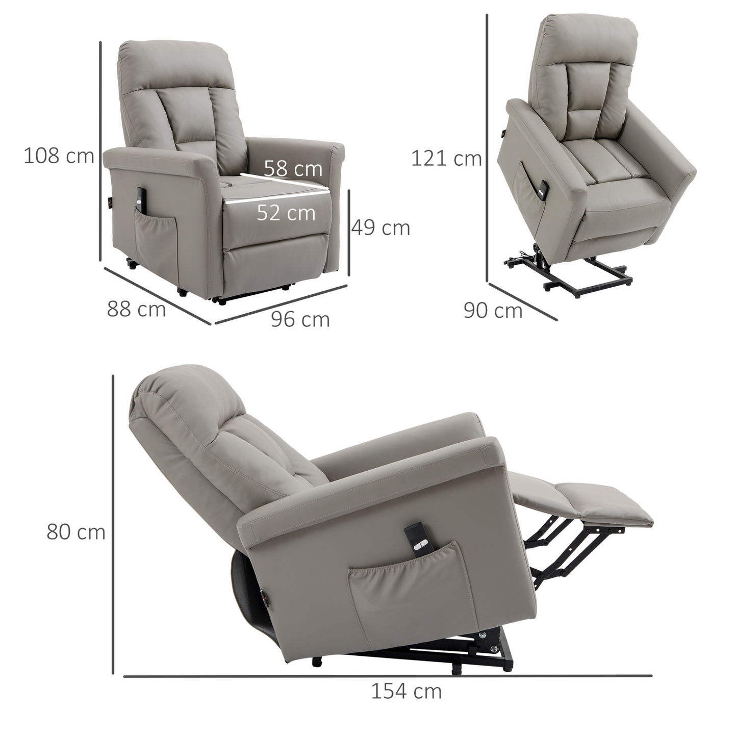 HOMCOM Power Lift Chair - Grey PU Leather Recliner Sofa for Elderly with Remote Control and Side Pocket - BEYRUN