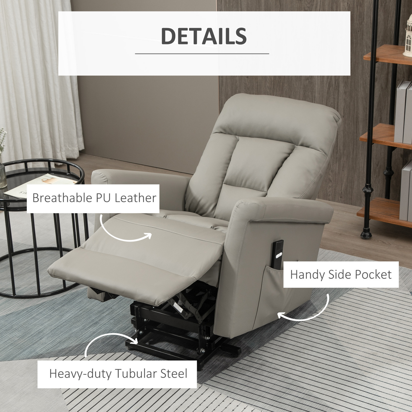 HOMCOM Power Lift Chair - Grey PU Leather Recliner Sofa for Elderly with Remote Control and Side Pocket - BEYRUN