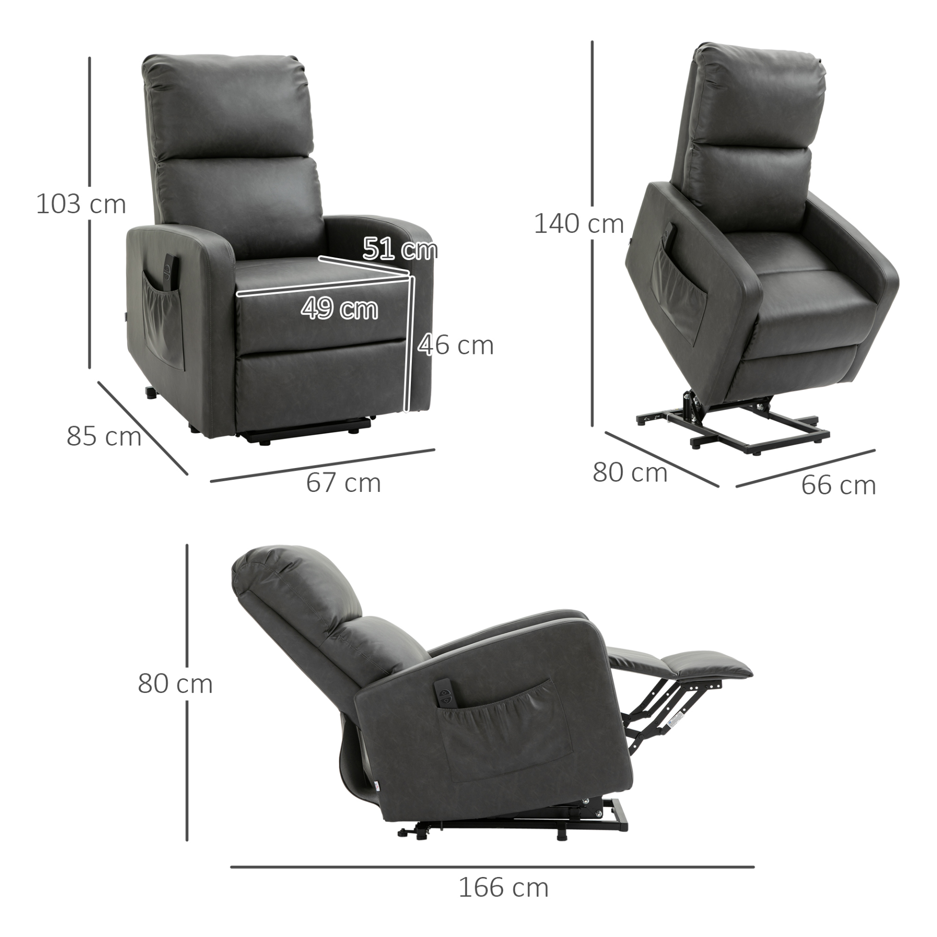 HOMCOM Riser & Recliner Chair for Elderly, PU Leather Lift Chair w/ Remote Control - Charcoal Grey - BEYRUN