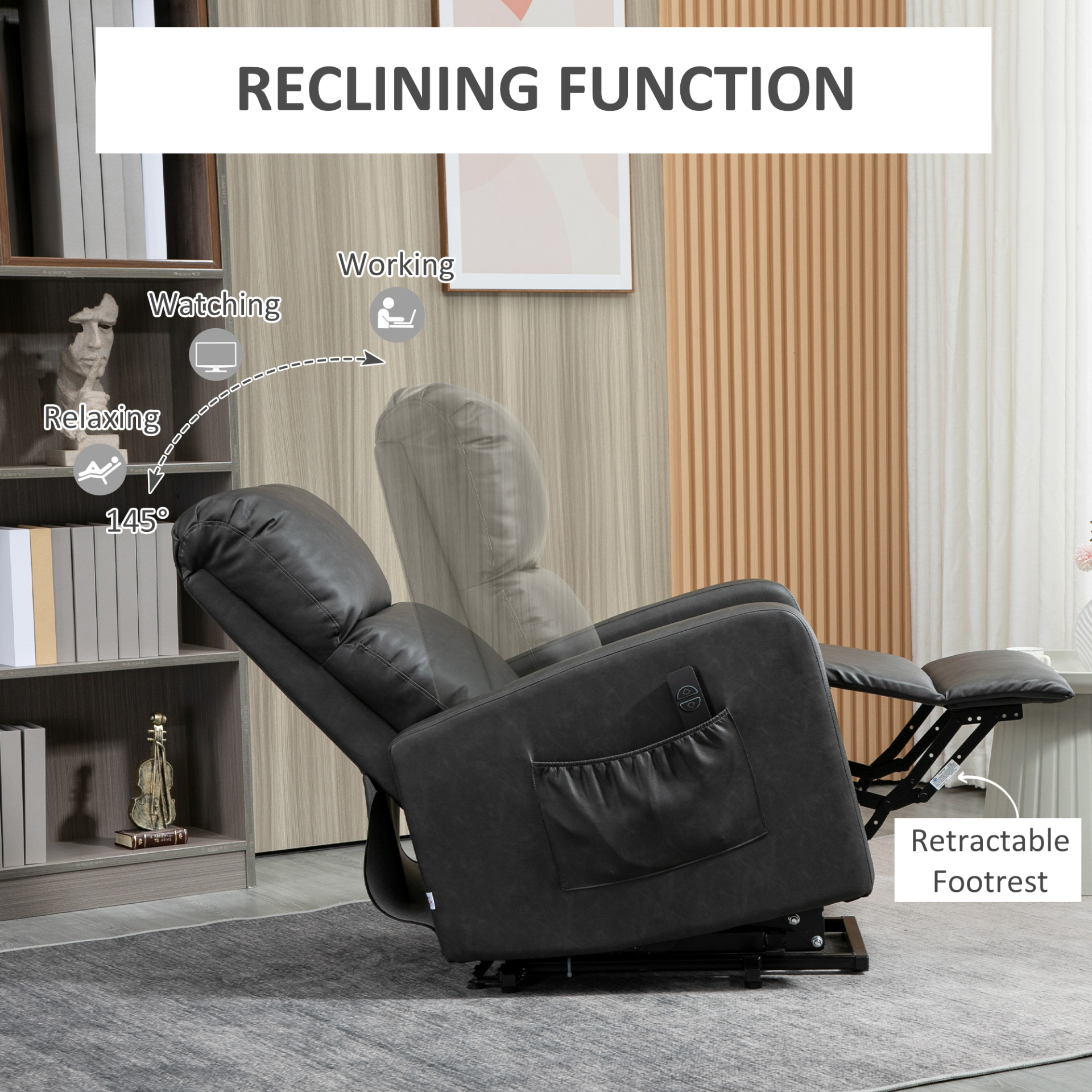 HOMCOM Riser & Recliner Chair for Elderly, PU Leather Lift Chair w/ Remote Control - Charcoal Grey - BEYRUN