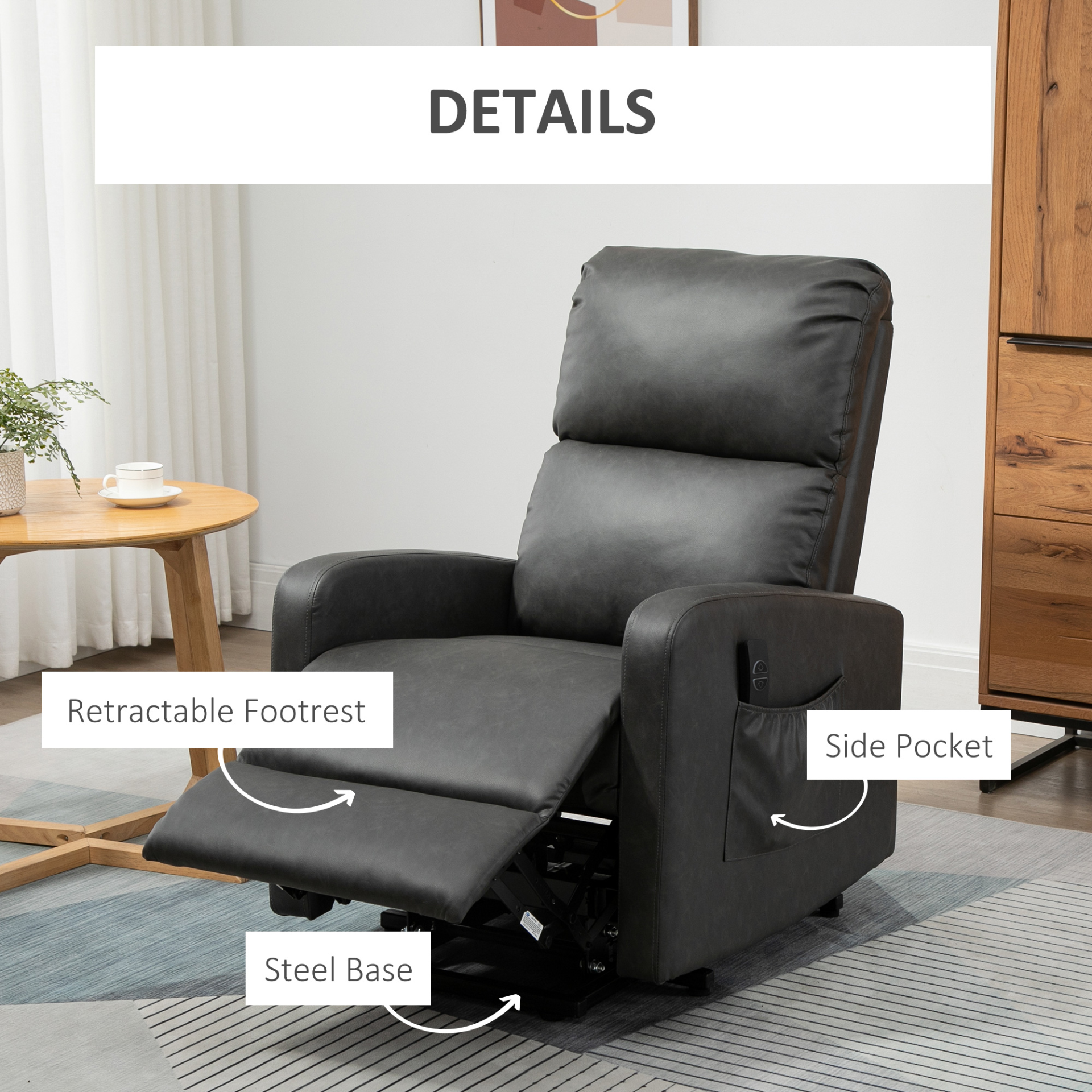 HOMCOM Riser & Recliner Chair for Elderly, PU Leather Lift Chair w/ Remote Control - Charcoal Grey - BEYRUN