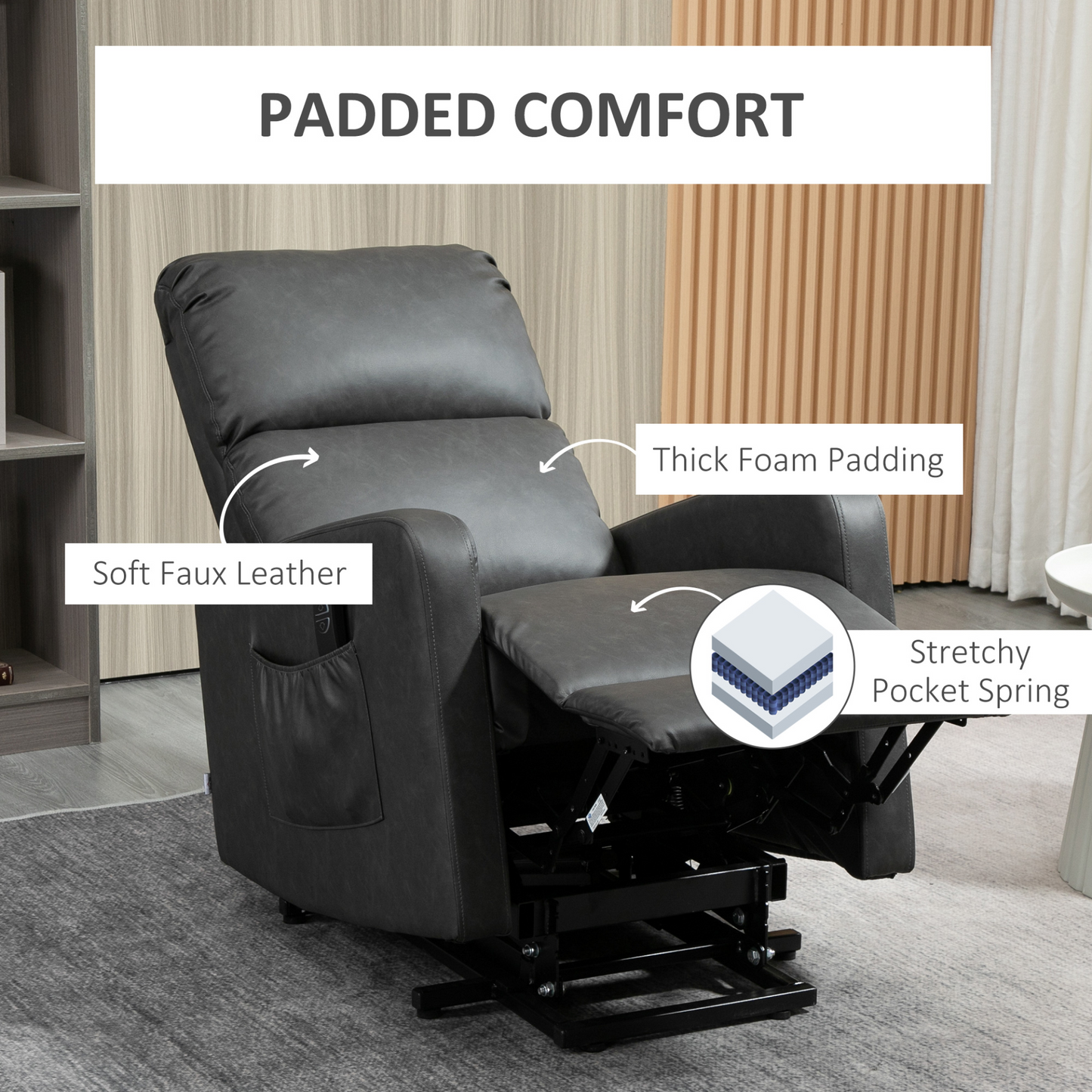 HOMCOM Riser & Recliner Chair for Elderly, PU Leather Lift Chair w/ Remote Control - Charcoal Grey - BEYRUN