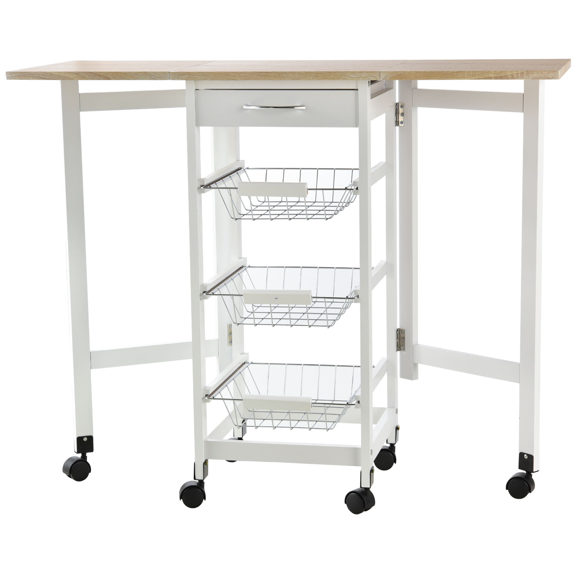 HOMCOM Drop-Leaf Kitchen Cart Trolley with 3 Metal Baskets, Drawer Surface Top, and 6 Universal Wheels - White Oak Tone Rolling Storage Unit for Kitchen and Dining Island - BEYRUN