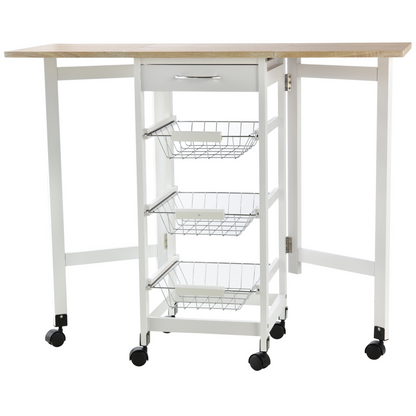 HOMCOM Drop-Leaf Kitchen Cart Trolley with 3 Metal Baskets, Drawer Surface Top, and 6 Universal Wheels - White Oak Tone Rolling Storage Unit for Kitchen and Dining Island - BEYRUN