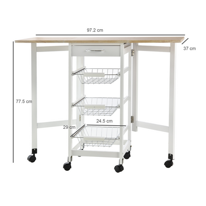 HOMCOM Drop-Leaf Kitchen Cart Trolley with 3 Metal Baskets, Drawer Surface Top, and 6 Universal Wheels - White Oak Tone Rolling Storage Unit for Kitchen and Dining Island - BEYRUN