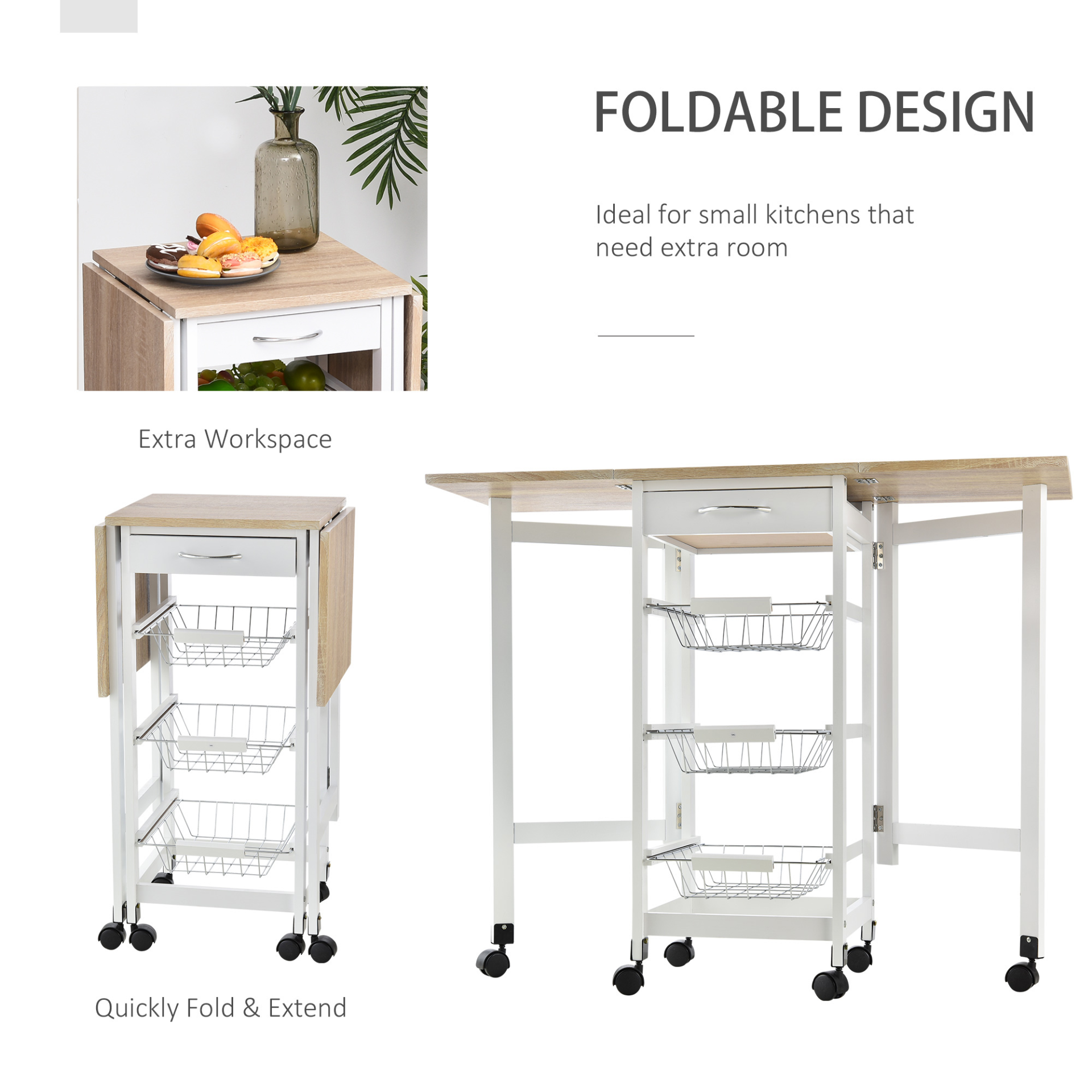 HOMCOM Drop-Leaf Kitchen Cart Trolley with 3 Metal Baskets, Drawer Surface Top, and 6 Universal Wheels - White Oak Tone Rolling Storage Unit for Kitchen and Dining Island - BEYRUN