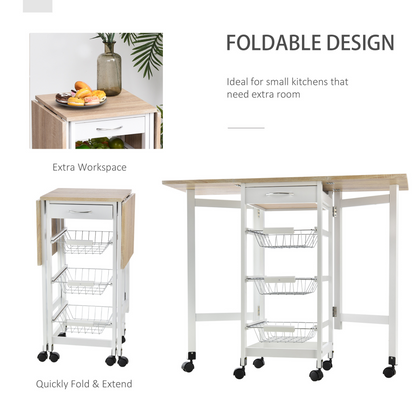 HOMCOM Drop-Leaf Kitchen Cart Trolley with 3 Metal Baskets, Drawer Surface Top, and 6 Universal Wheels - White Oak Tone Rolling Storage Unit for Kitchen and Dining Island - BEYRUN