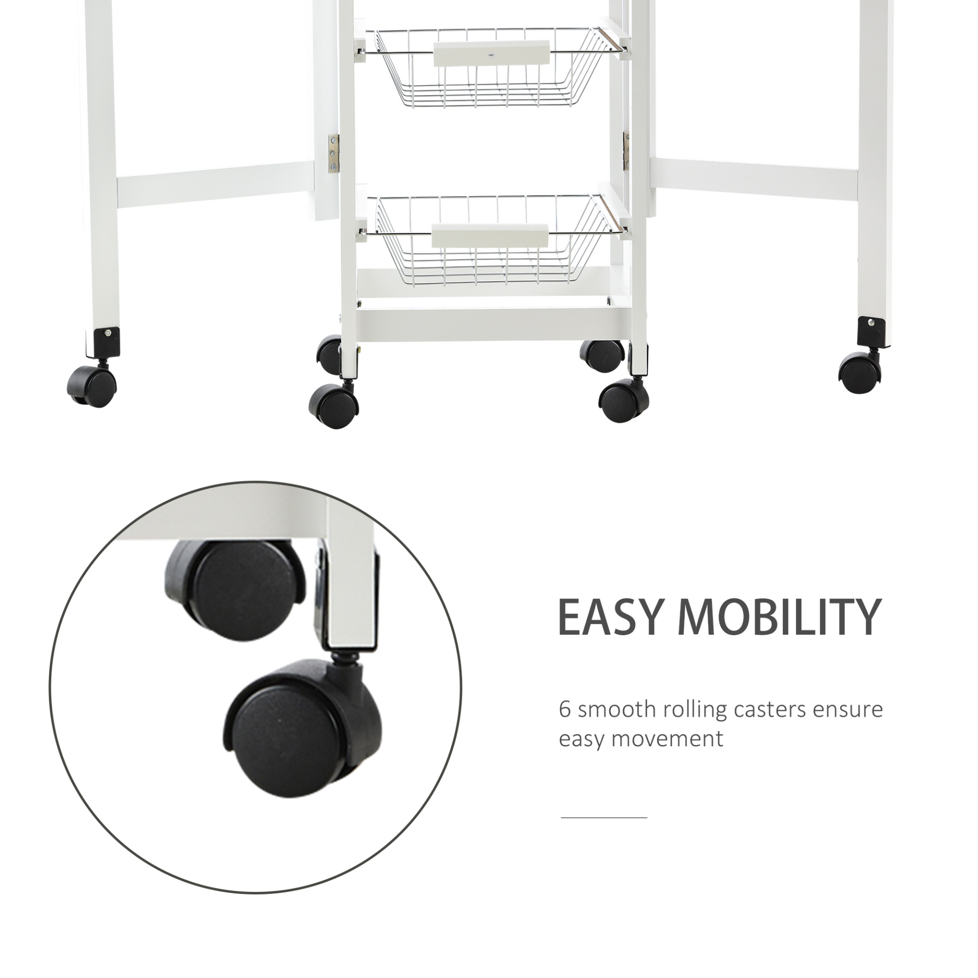 HOMCOM Drop-Leaf Kitchen Cart Trolley with 3 Metal Baskets, Drawer Surface Top, and 6 Universal Wheels - White Oak Tone Rolling Storage Unit for Kitchen and Dining Island - BEYRUN