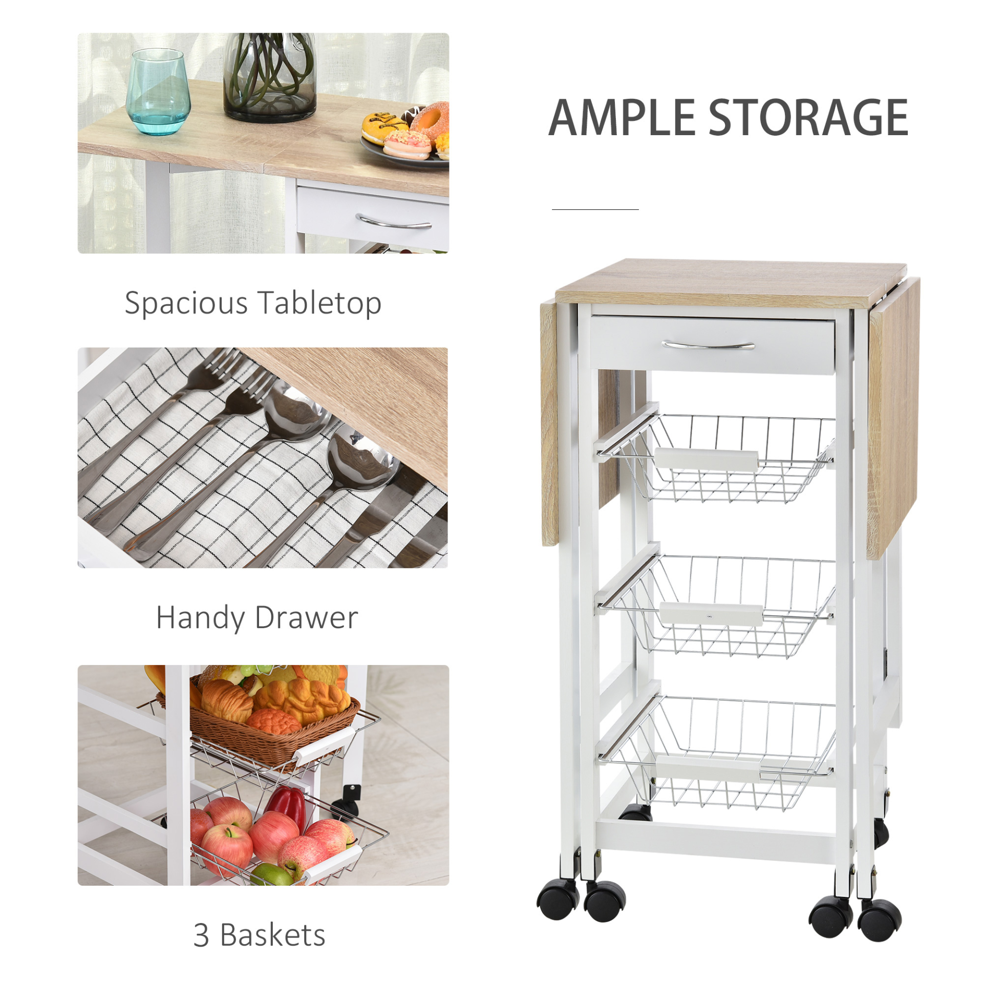 HOMCOM Drop-Leaf Kitchen Cart Trolley with 3 Metal Baskets, Drawer Surface Top, and 6 Universal Wheels - White Oak Tone Rolling Storage Unit for Kitchen and Dining Island - BEYRUN