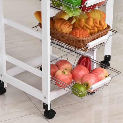 HOMCOM Drop-Leaf Kitchen Cart Trolley with 3 Metal Baskets, Drawer Surface Top, and 6 Universal Wheels - White Oak Tone Rolling Storage Unit for Kitchen and Dining Island - BEYRUN