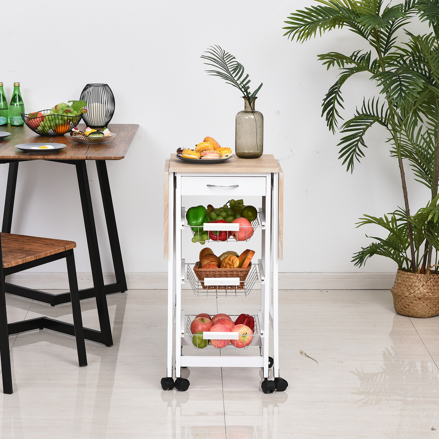 HOMCOM Drop-Leaf Kitchen Cart Trolley with 3 Metal Baskets, Drawer Surface Top, and 6 Universal Wheels - White Oak Tone Rolling Storage Unit for Kitchen and Dining Island - BEYRUN