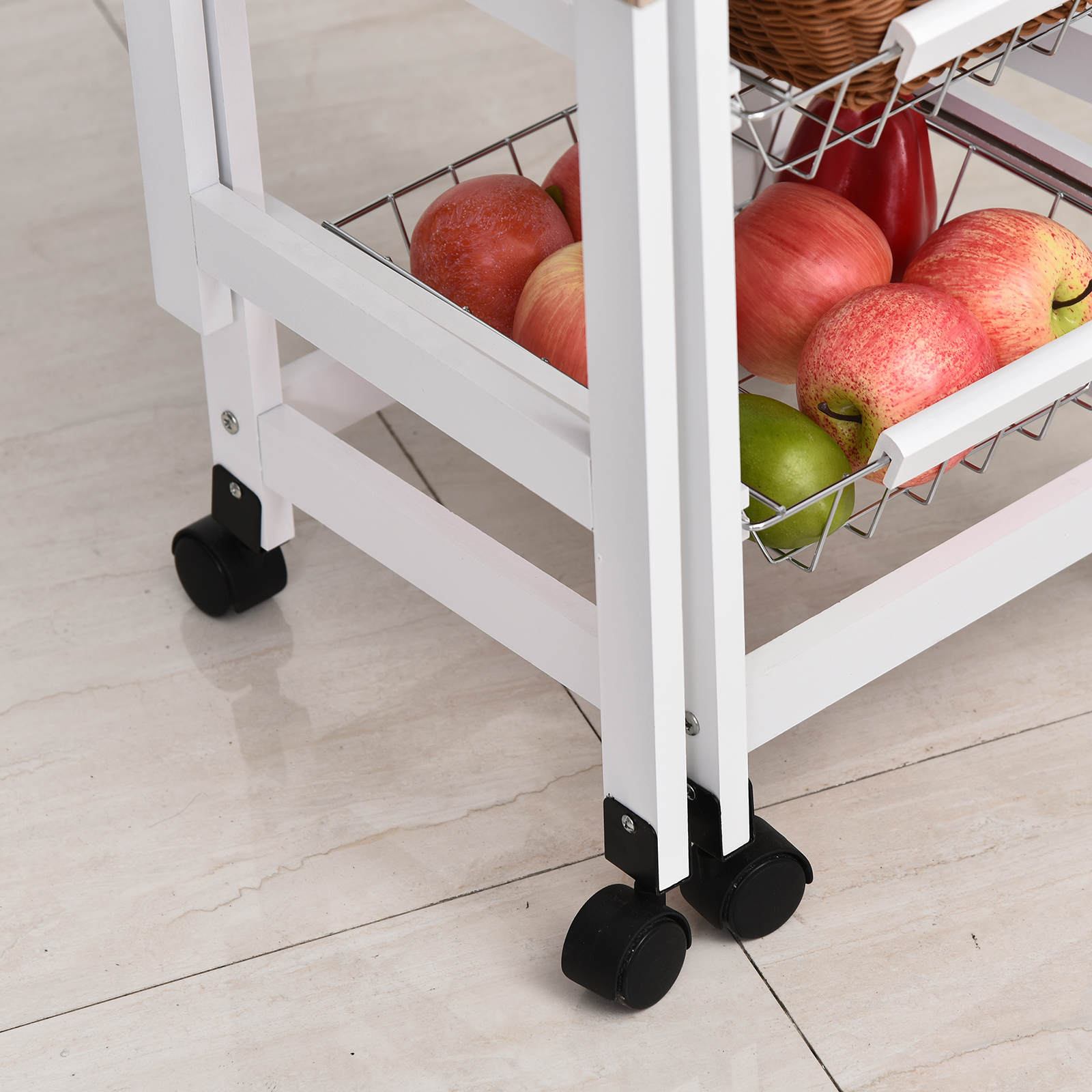 HOMCOM Drop-Leaf Kitchen Cart Trolley with 3 Metal Baskets, Drawer Surface Top, and 6 Universal Wheels - White Oak Tone Rolling Storage Unit for Kitchen and Dining Island - BEYRUN