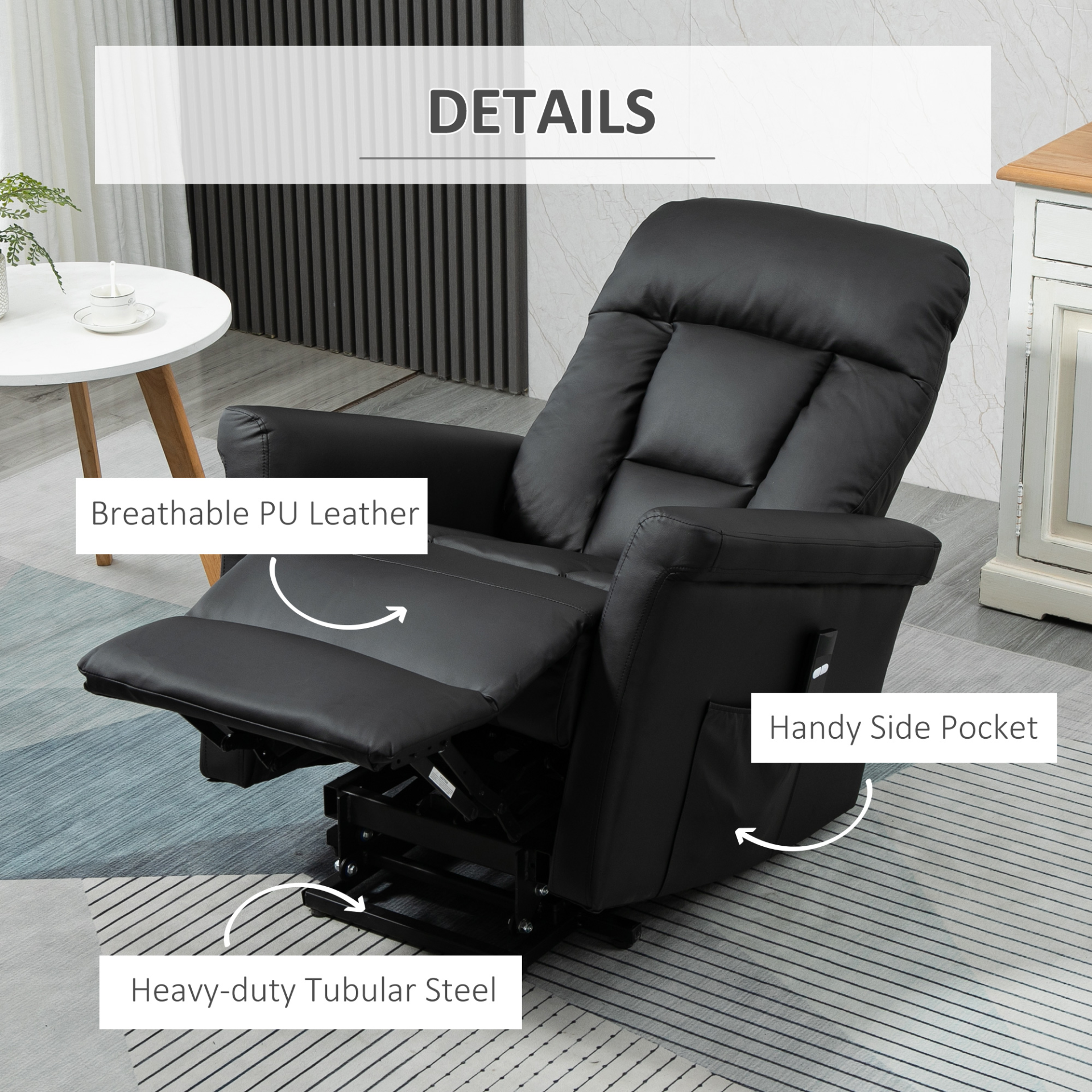 HOMCOM Power Lift Recliner Chair - PU Leather, Remote-Controlled, Black - BEYRUN