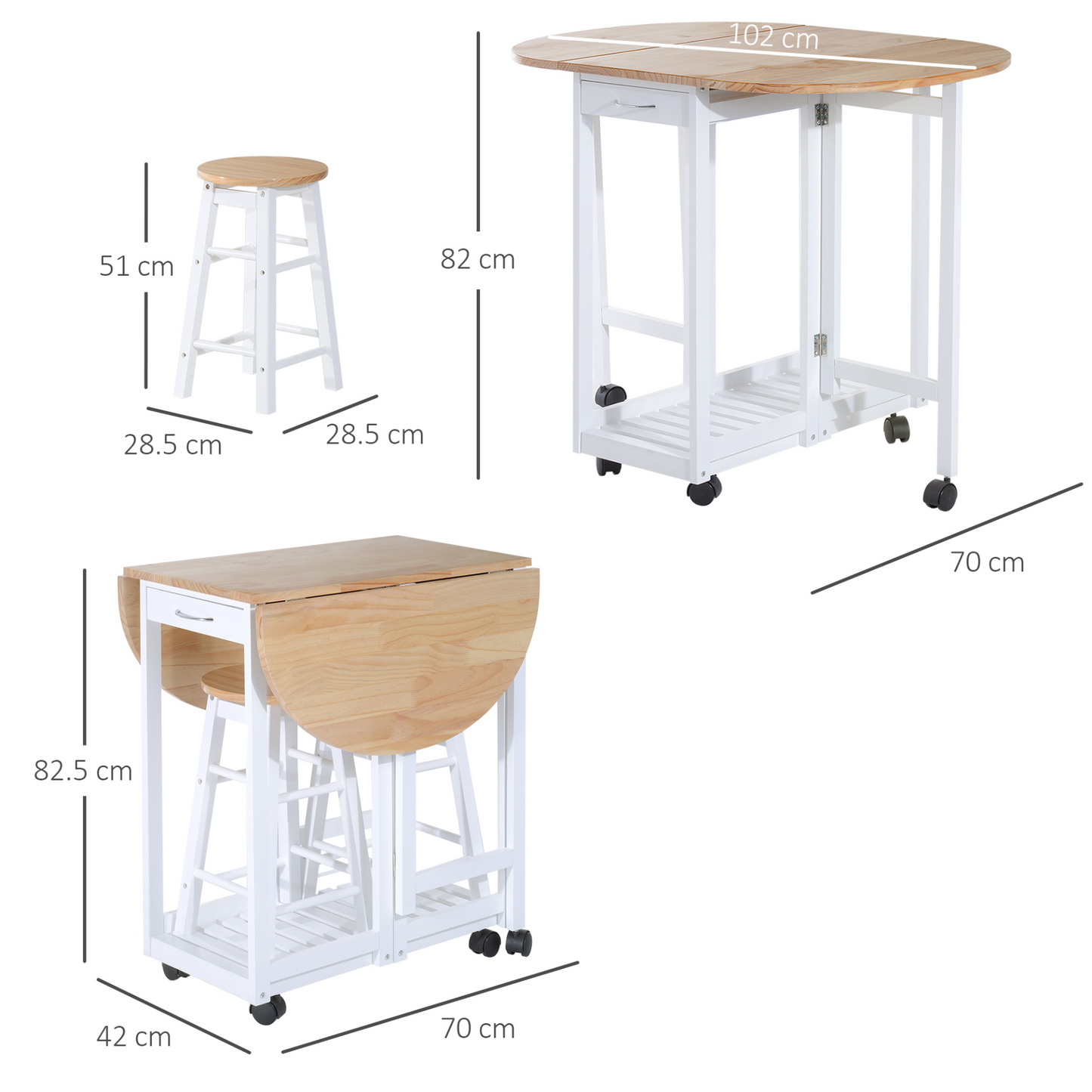 HOMCOM 3PC Wooden Kitchen Cart with Rolling Trolley, Folding Bar Table, 2 Stools, Dining Chair, Storage Shelf & 2 Drawers - Space-Saving & Multi-Functional - BEYRUN