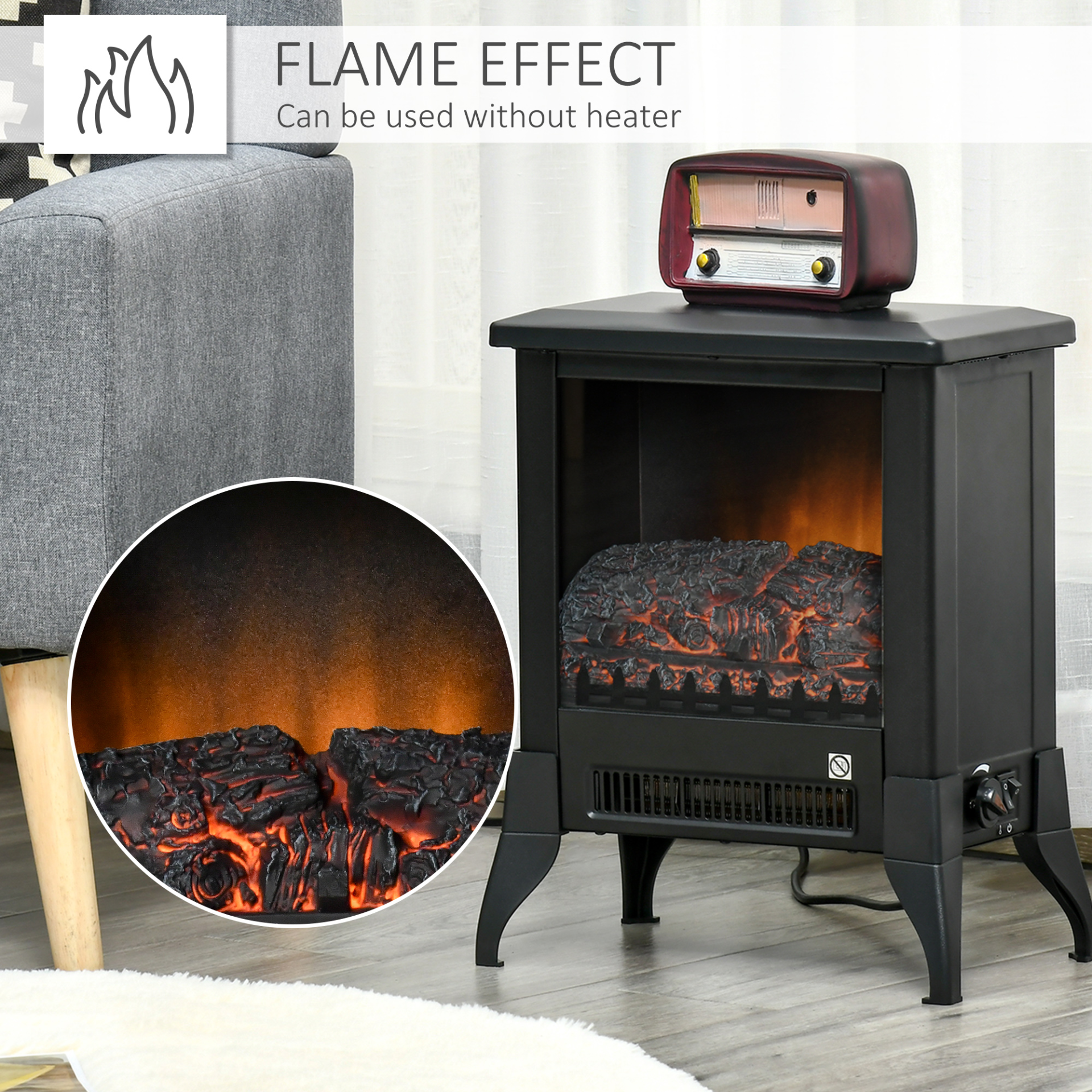 HOMCOM Electric Fireplace Stove - Freestanding Heater with Realistic Flame Effect & Overheat Protection, Black - BEYRUN