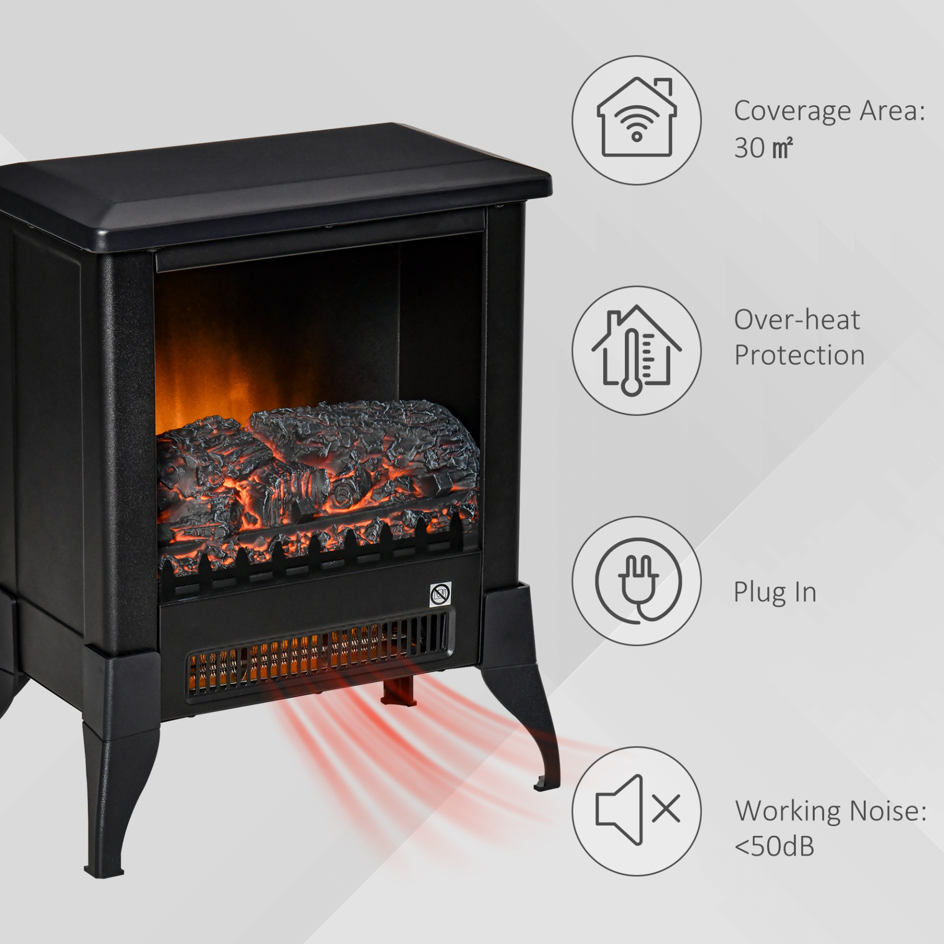 HOMCOM Electric Fireplace Stove - Freestanding Heater with Realistic Flame Effect & Overheat Protection, Black - BEYRUN