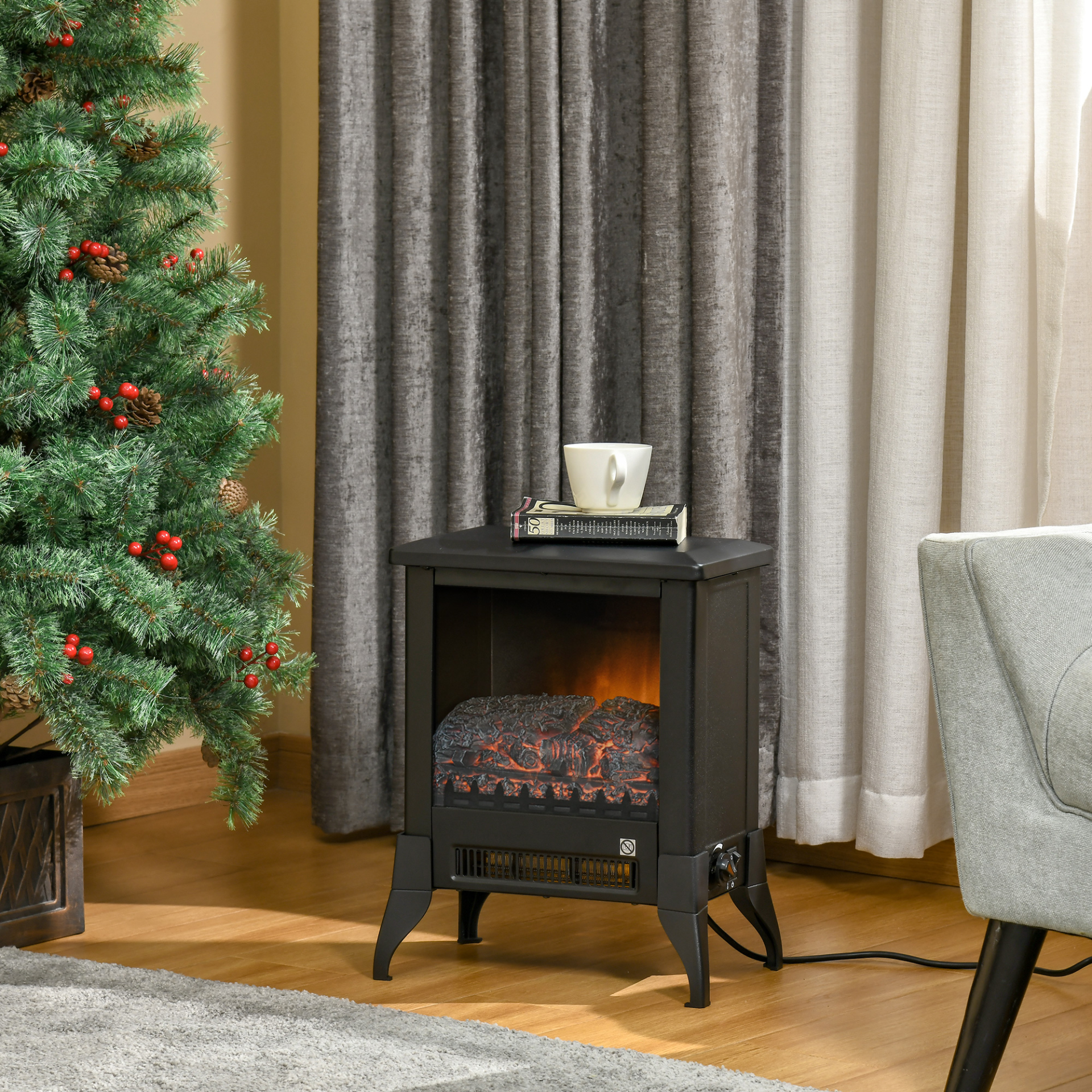 HOMCOM Electric Fireplace Stove - Freestanding Heater with Realistic Flame Effect & Overheat Protection, Black - BEYRUN