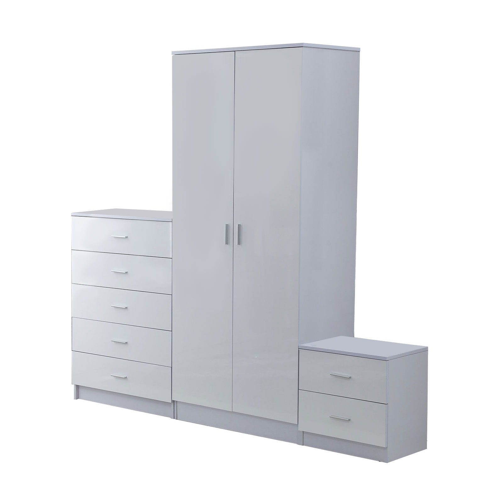 HOMCOM High Gloss 3 Piece Trio Bedroom Furniture Set - Modern Wardrobe, Chest of Drawers, Night Stand - White Finish - BEYRUN