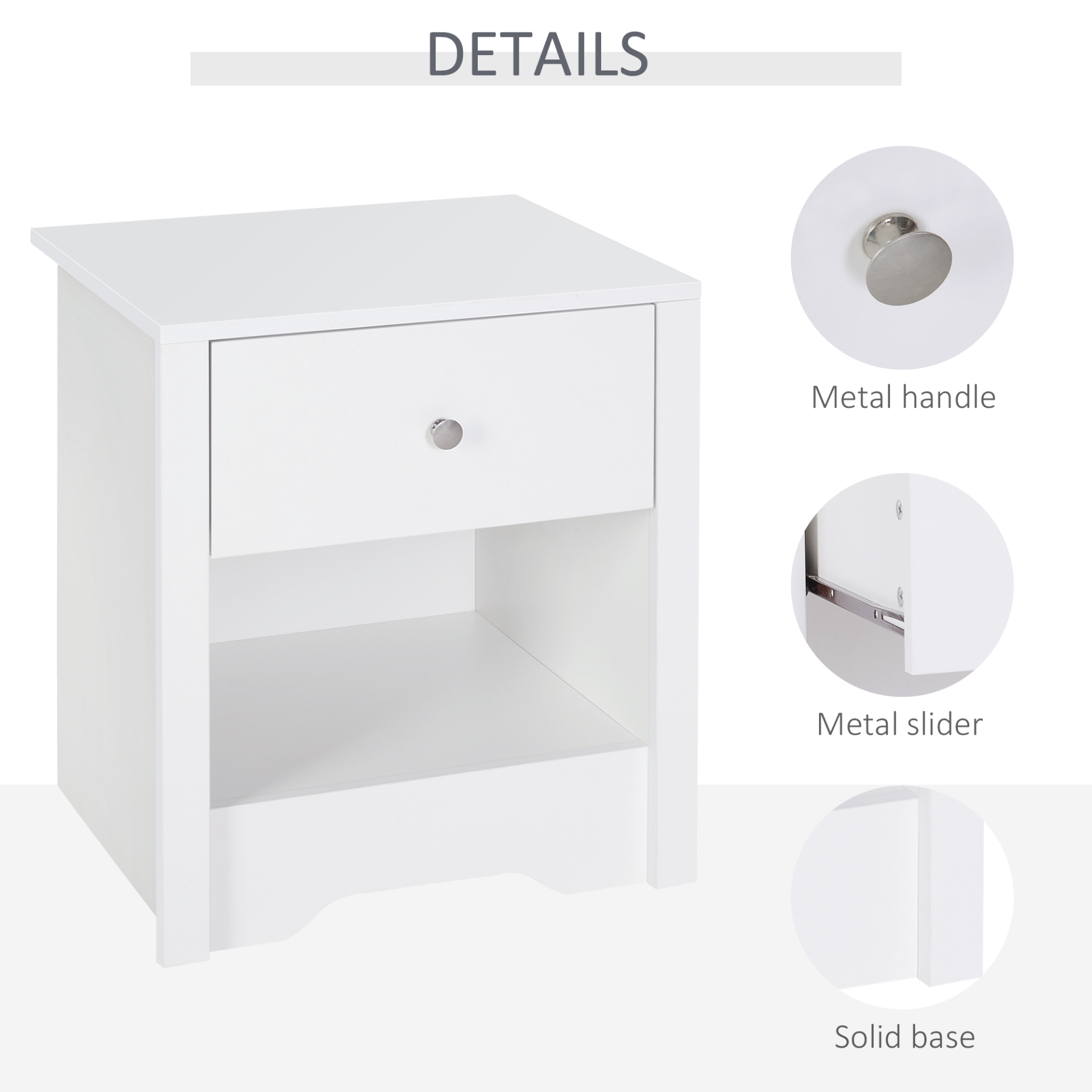 HOMCOM Modern Bedside Table - Stylish Nightstand with Drawer & Shelf for Living Room & Bedroom, White Finish - BEYRUN