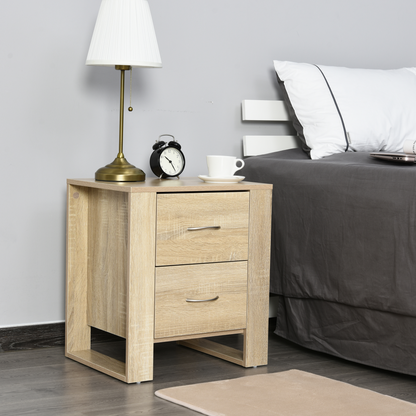 HOMCOM Modern 2 Drawer Bedside Table - Oak Brown, Elevated Base, Melamine Coating, Silver Handles - Bedroom Storage Nightstand - BEYRUN