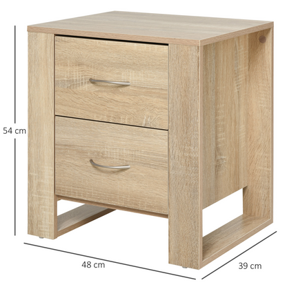 HOMCOM Modern 2 Drawer Bedside Table - Oak Brown, Elevated Base, Melamine Coating, Silver Handles - Bedroom Storage Nightstand - BEYRUN