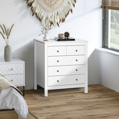 HOMCOM Modern 5 Drawer Chest of Drawers - White Storage Cabinet with Metal Handles - Bedroom Furniture - BEYRUN