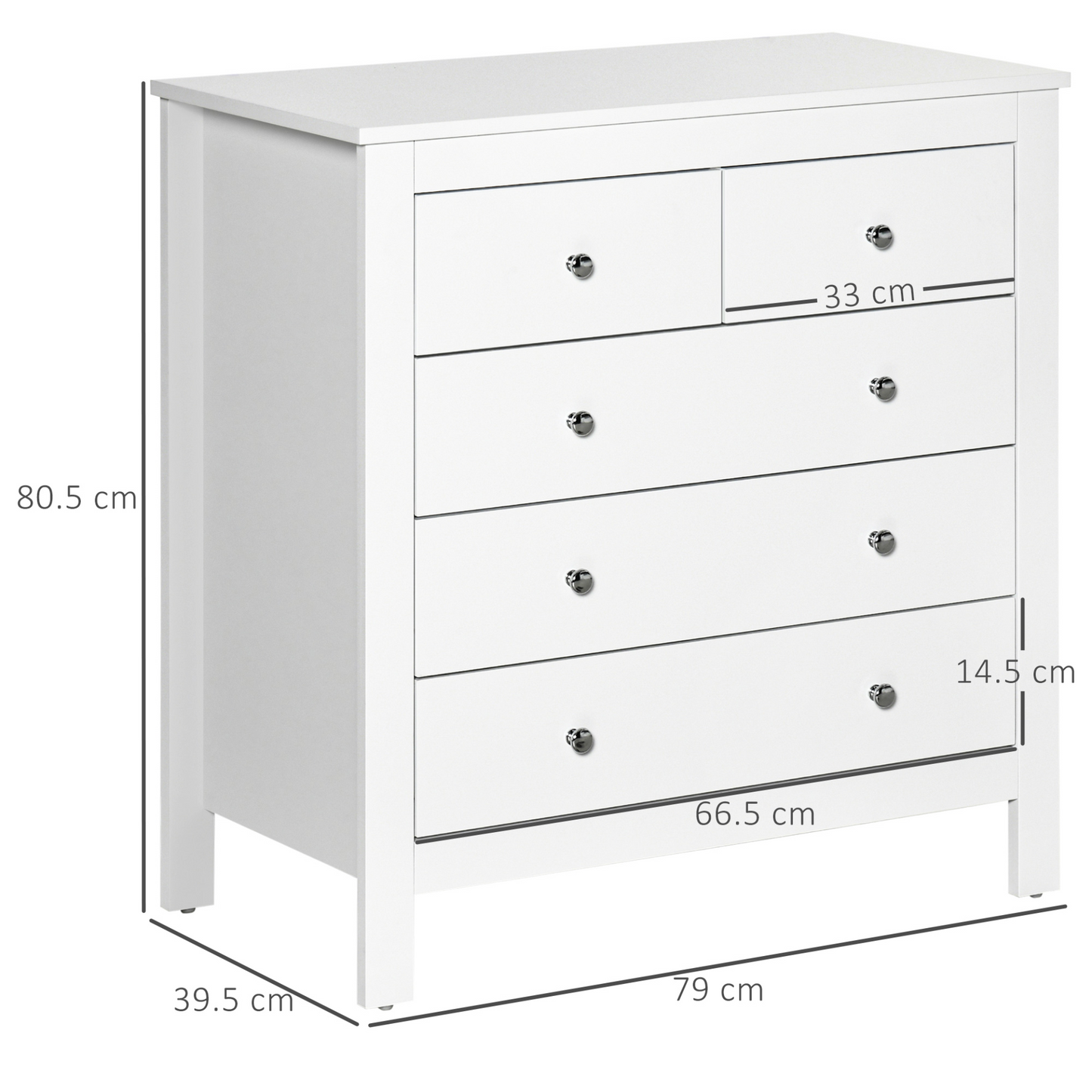 HOMCOM Modern 5 Drawer Chest of Drawers - White Storage Cabinet with Metal Handles - Bedroom Furniture - BEYRUN