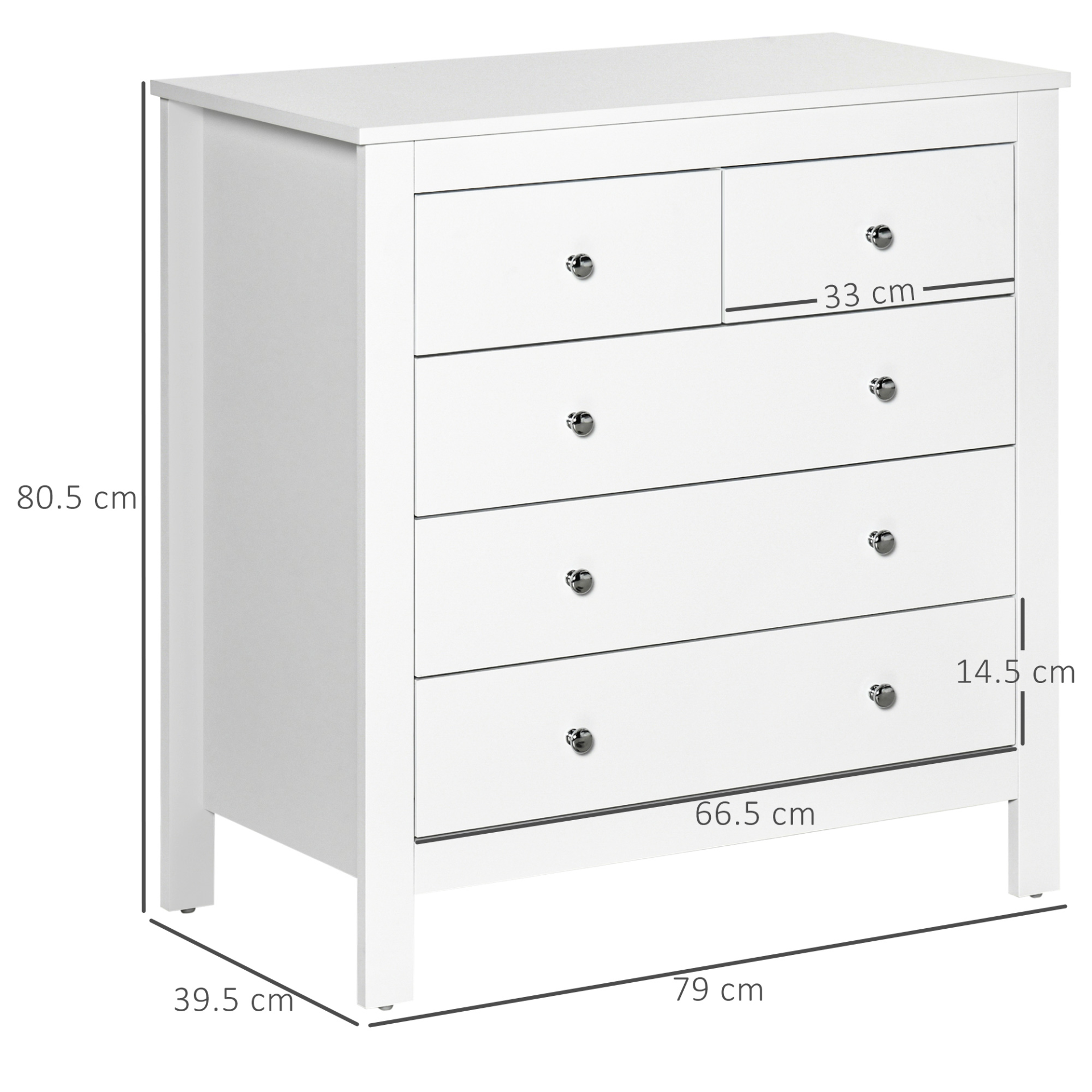 HOMCOM Modern 5 Drawer Chest of Drawers - White Storage Cabinet with Metal Handles - Bedroom Furniture - BEYRUN