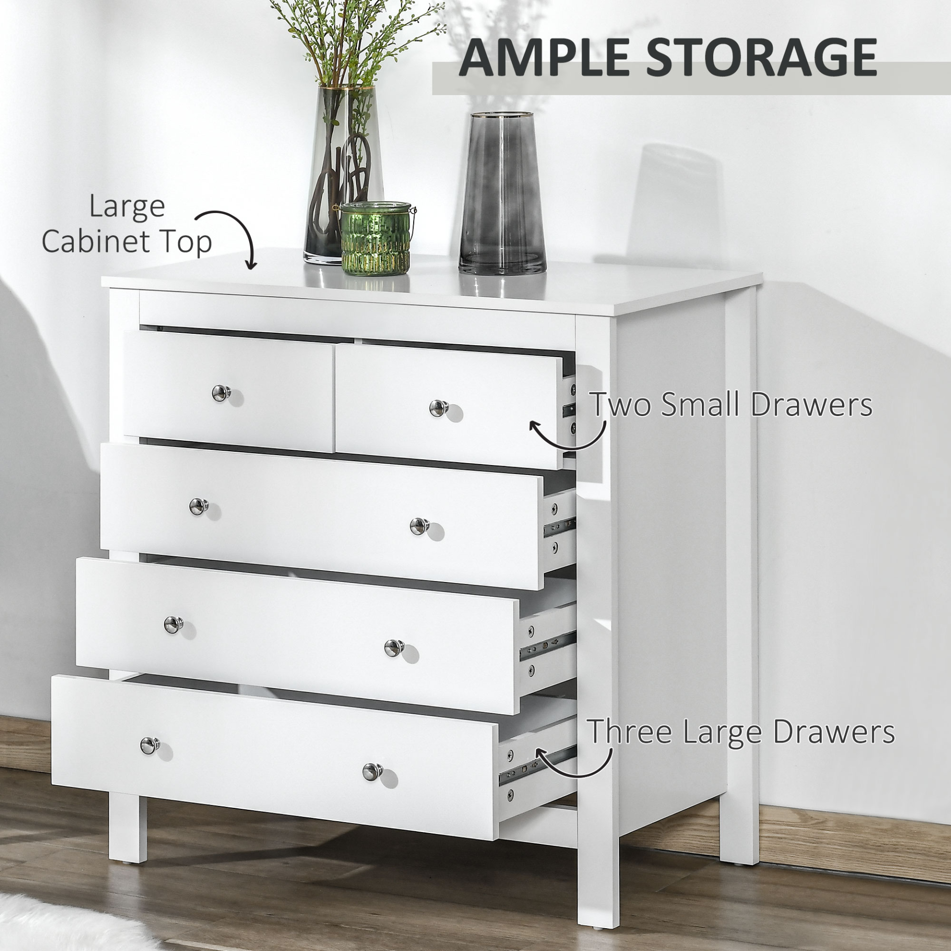 HOMCOM Modern 5 Drawer Chest of Drawers - White Storage Cabinet with Metal Handles - Bedroom Furniture - BEYRUN