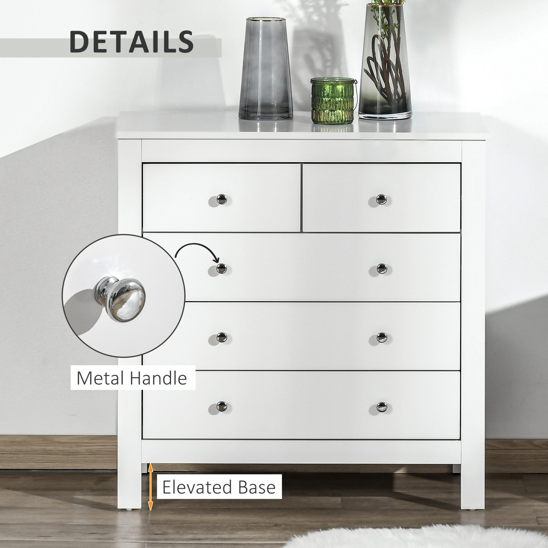 HOMCOM Modern 5 Drawer Chest of Drawers - White Storage Cabinet with Metal Handles - Bedroom Furniture - BEYRUN