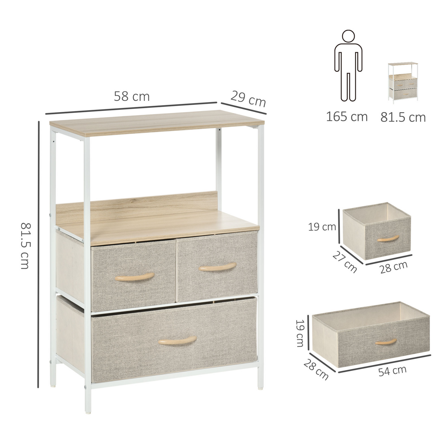 HOMCOM 3 Drawer Storage Chest Unit - Sleek White Cabinet with Shelves for Living Room, Bedroom, or Entryway - BEYRUN