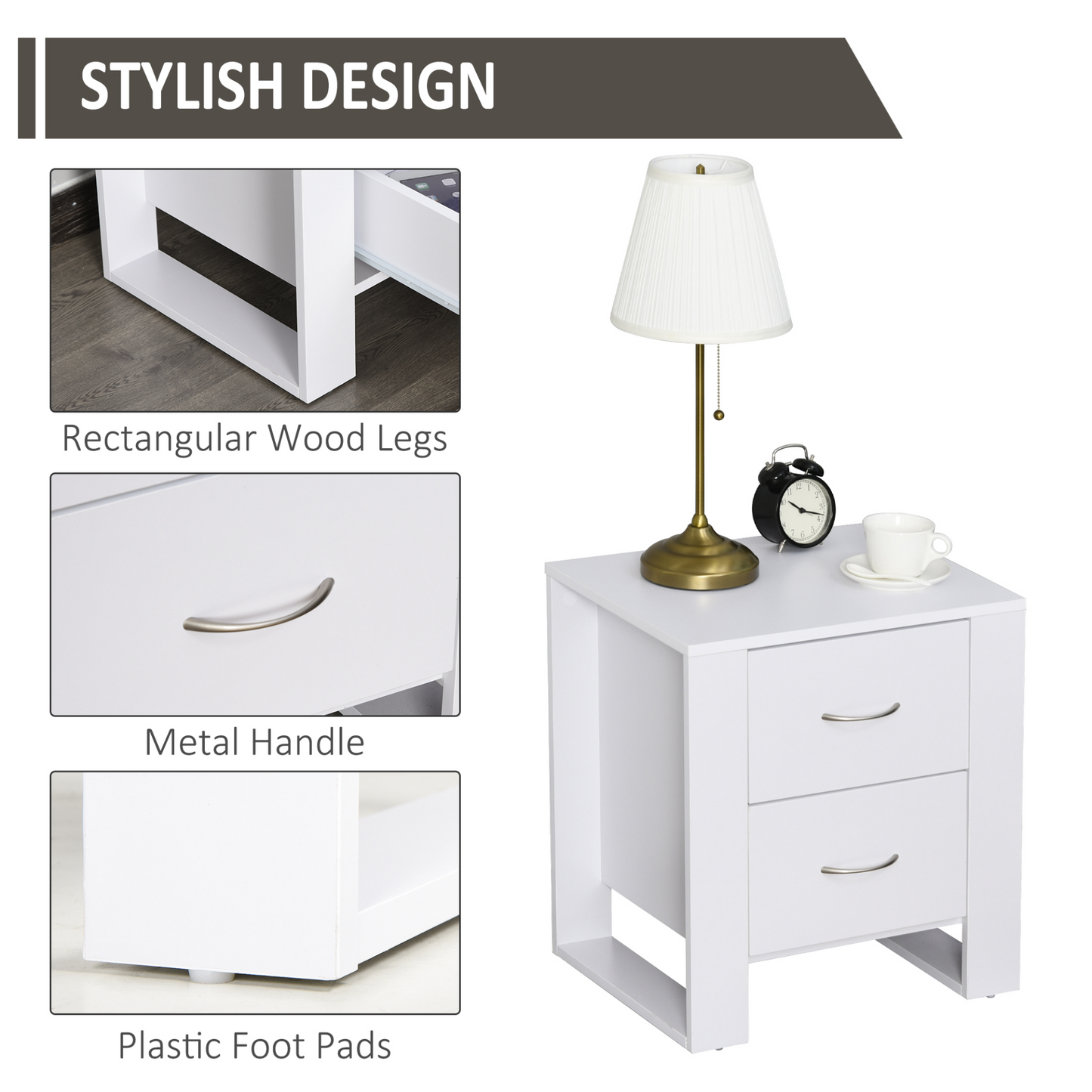 HOMCOM 2 Drawer Modern Boxy Bedside Table | Stylish Bedroom Night Stand - BEYRUN